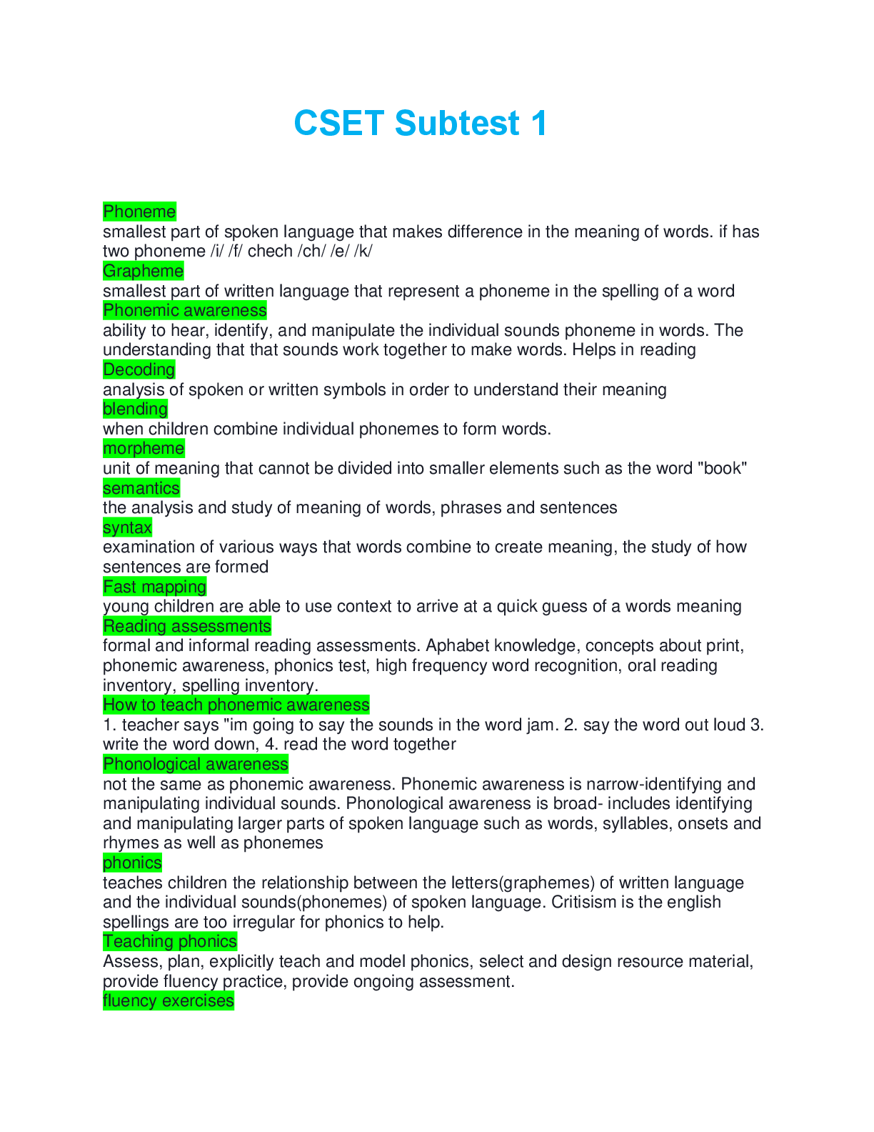 Preview image for CSET Subtest 1 questions with 100% verified answers complete solution 2026/2027