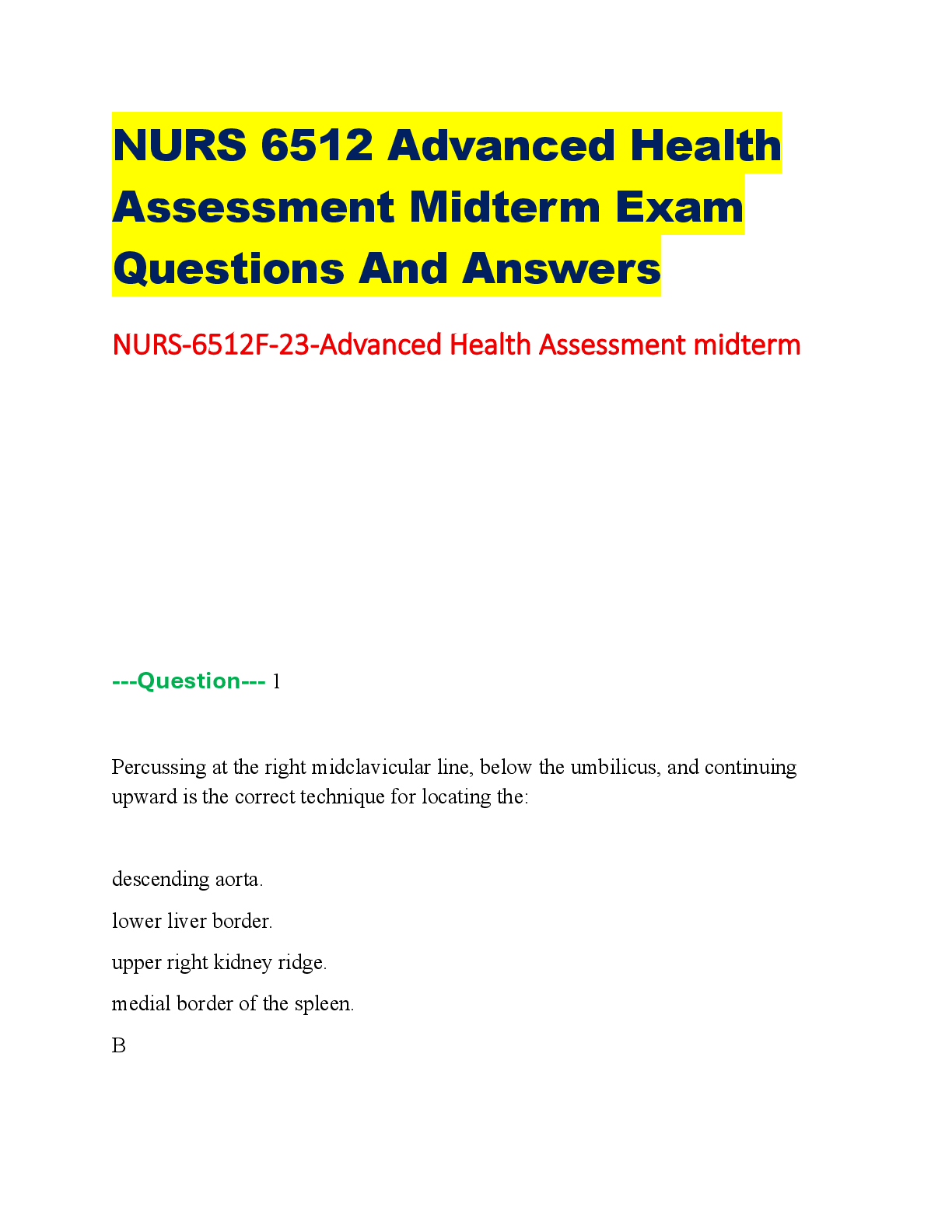 Preview image for NURS 6512 Advanced Health Assessment Midterm Exam Questions And Answers NURS-6512F-23-Advanced Health Assessment midterm