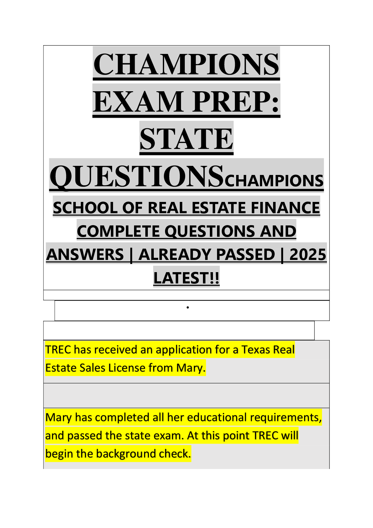 Preview image for Champions Exam Preparation State Questions - Champions School of Real Estate Finance Complete Questions and Answers  Already Passed  2025 Latest!!.