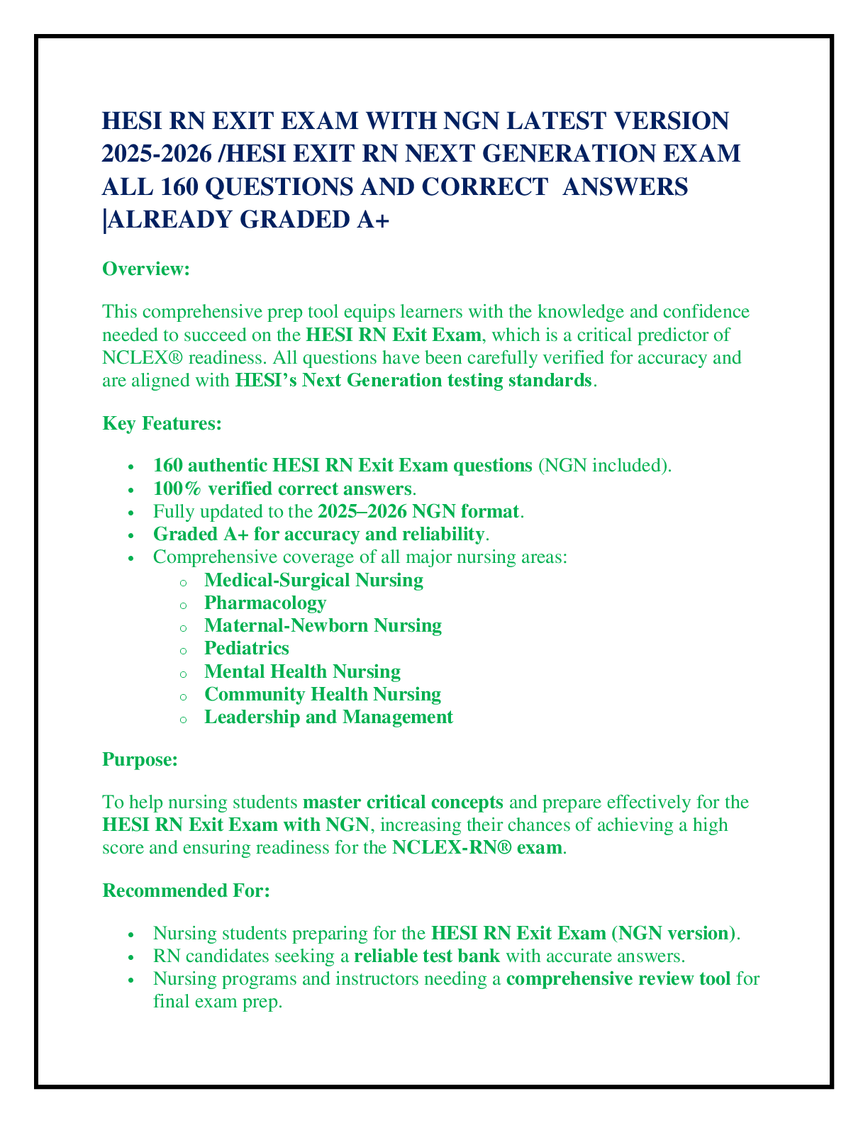 Preview of HESI RN EXIT EXAM WITH NGN LATEST VERSION  2025-2026 /HESI EXIT RN NEXT GENERATION EXAM  ALL 160 QUESTIONS AND CORRECT  ANSWERS |ALREADY GRADED A+