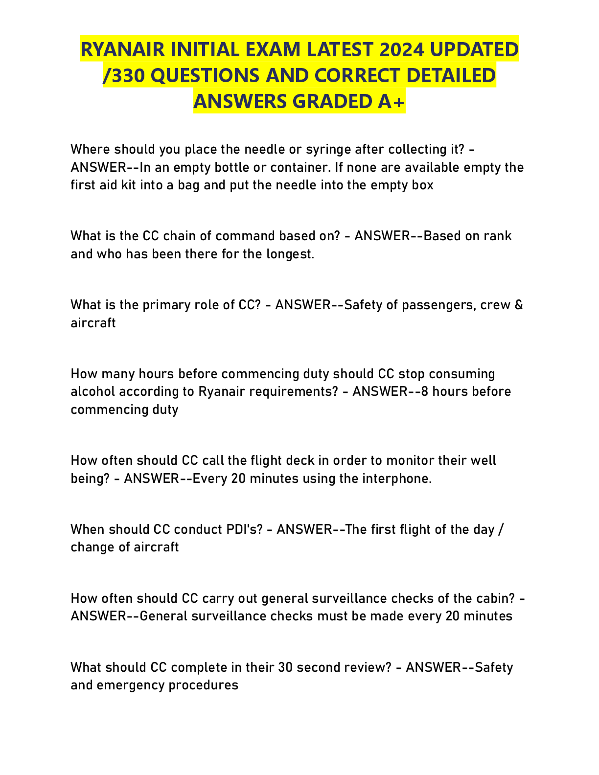 Preview image for RYANAIR INITIAL EXAM LATEST 2025 UPDATED /330 QUESTIONS AND CORRECT DETAILED ANSWERS GRADED A+