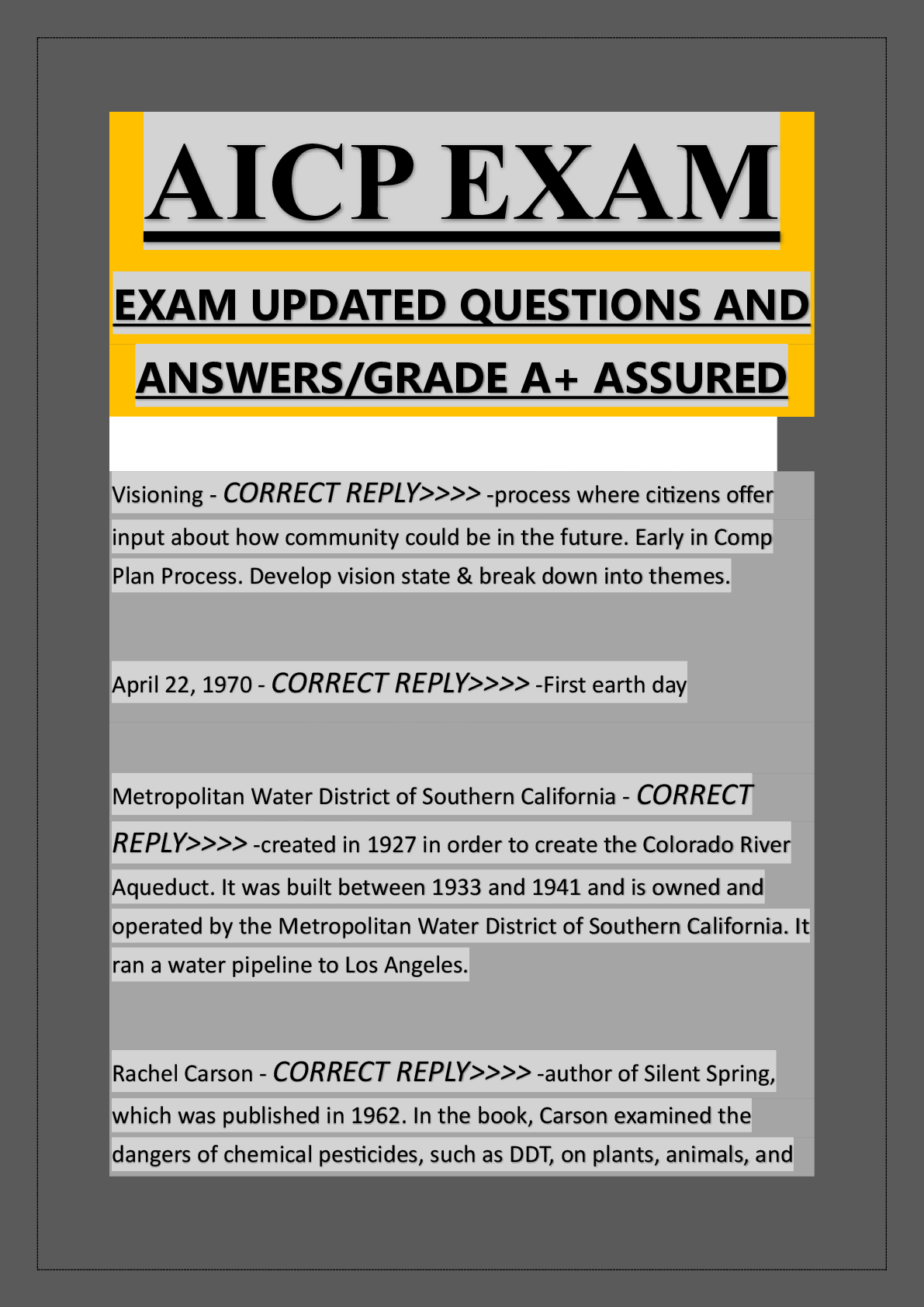 Preview image for Updated AICP Exam Questions and Answers with Guaranteed Grade A+.