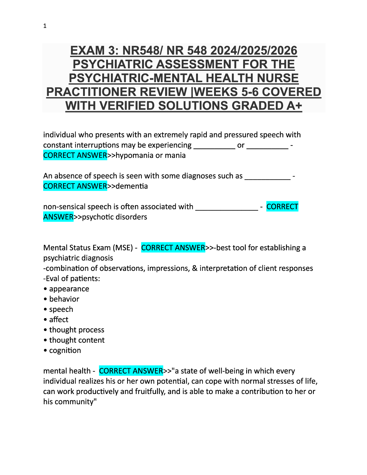 Preview image for EXAM 3 NR548NR 548 2024-2026 PSYCHIATRIC ASSESSMENT FOR THE PSYCHIATRIC-MENTAL HEALTH NURSE PRACTITIONER REVIEW  WEEKS 5-6