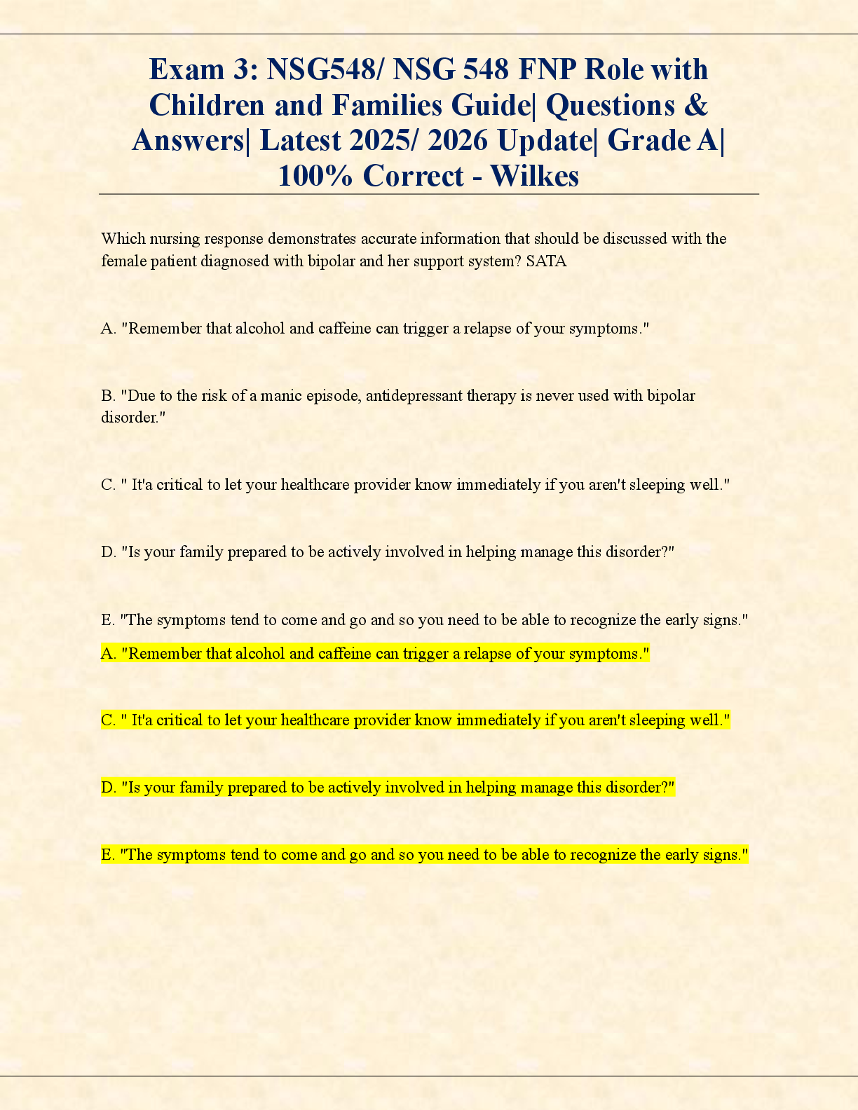 Preview image for Exam 3 NSG548NSG 548 FNP Role with Children and Families Guide  Questions & Answers  Latest 2025-2026