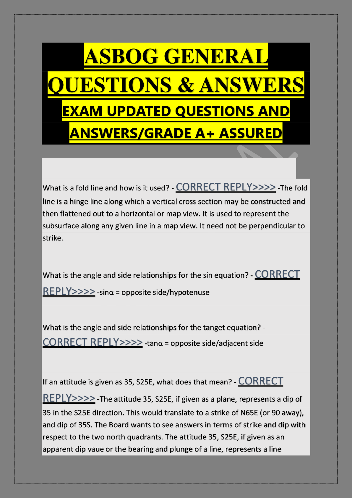 Preview image for ASBOG General Questions & Answers Exam Updated Questions and Answers, Guaranteed A+ Grade.