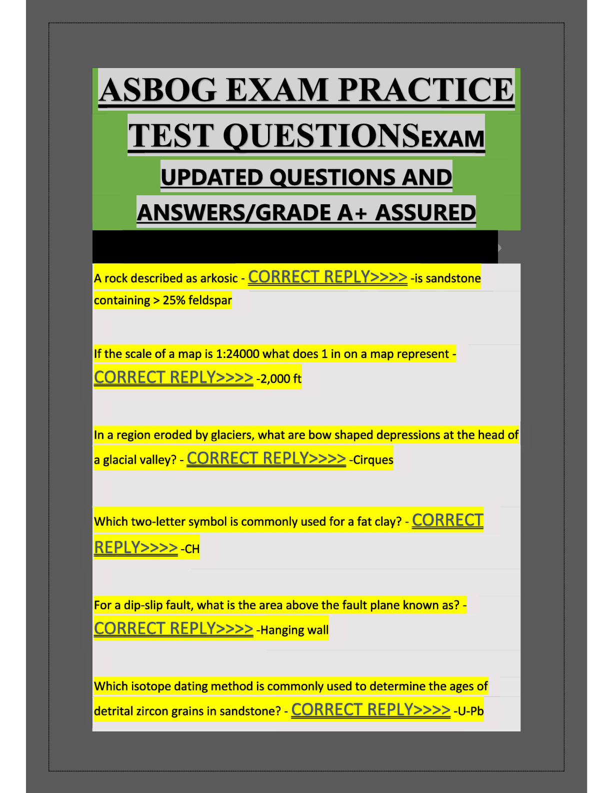 Preview image for ASBOG Exam Practice Test Questions with Updated Questions and Answers, Guaranteed Grade A+.