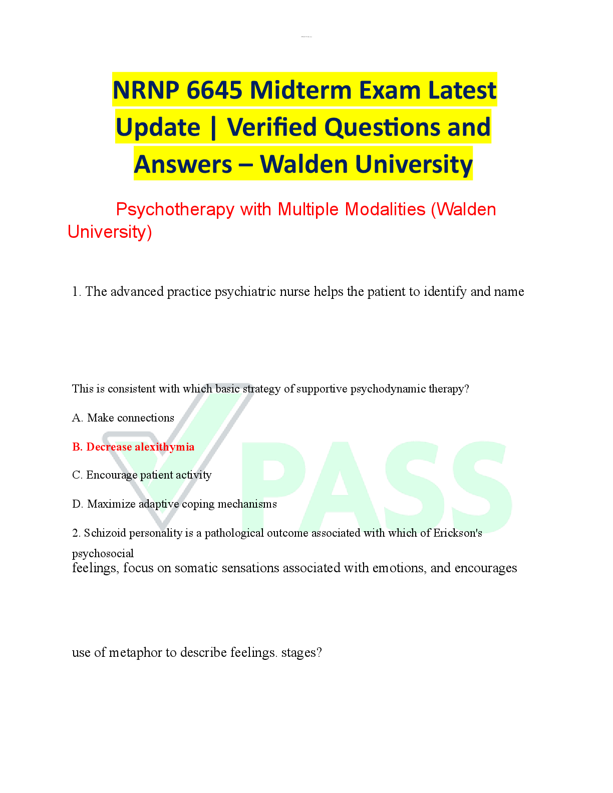 NRNP 6645 Midterm Exam Latest Update | Verified Questions and Answers – Walden University Psychotherapy with Multiple Modalities (Walden University)