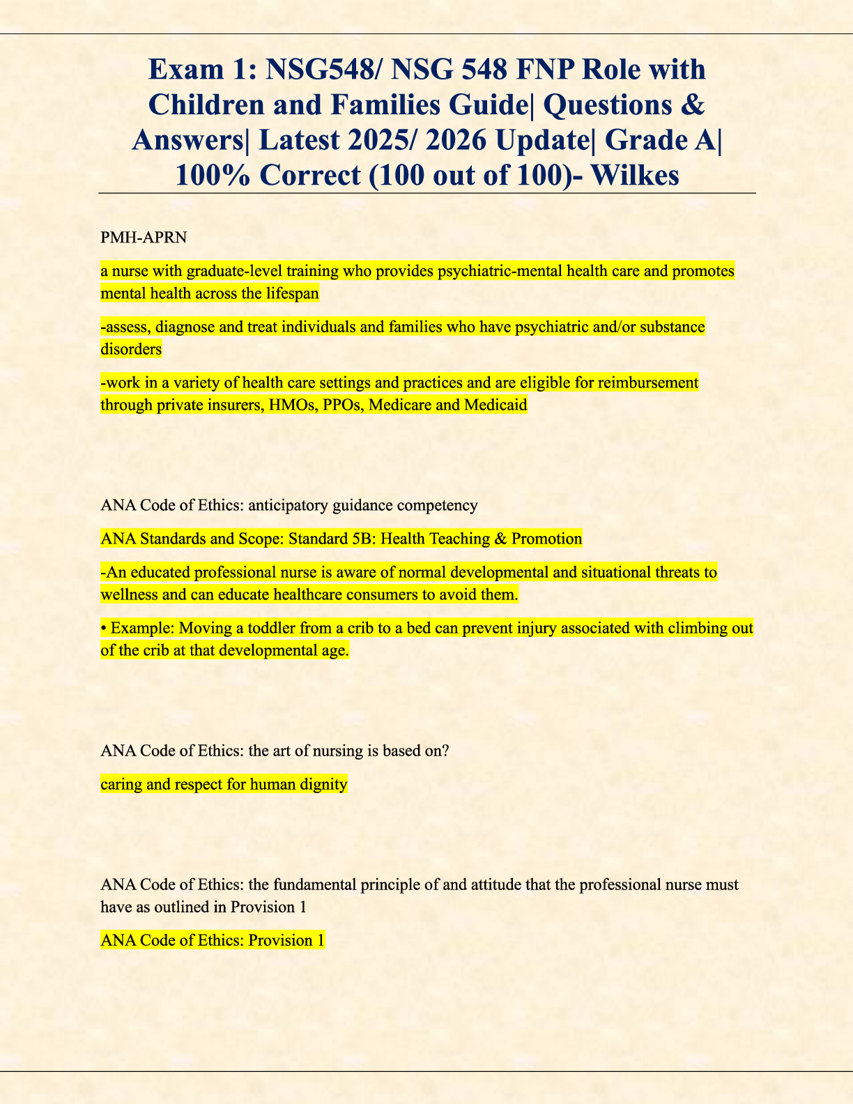 Preview image for Exam 1 NSG548  NSG 548 FNP Role with Children and Families Guide  Questions & Answers  Latest 2025-2026 Update  Grade A