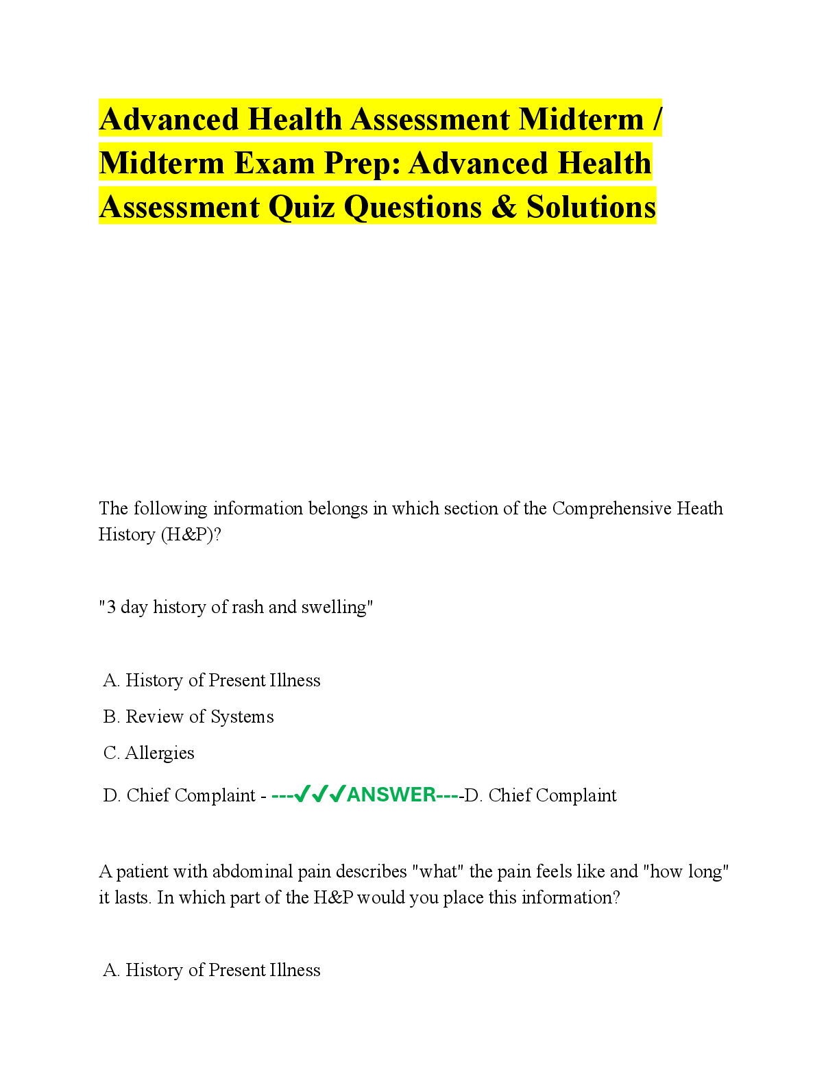 Preview image for Advanced Health Assessment Midterm / Midterm Exam Prep: Advanced Health Assessment Quiz Questions & Solutions