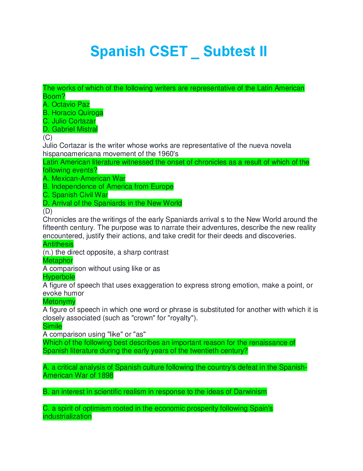 Preview image for Spanish CSET _ Subtest II questions with correct answers 100% complete solution 2026/2027