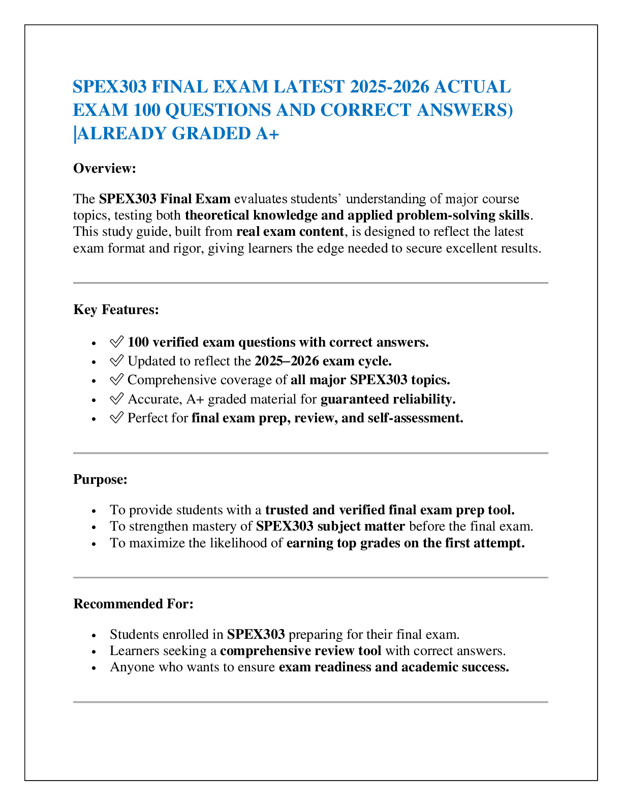 Preview image for SPEX303 FINAL EXAM LATEST 2025-2026 ACTUAL  EXAM 100 QUESTIONS AND CORRECT ANSWERS) |ALREADY GRADED A+