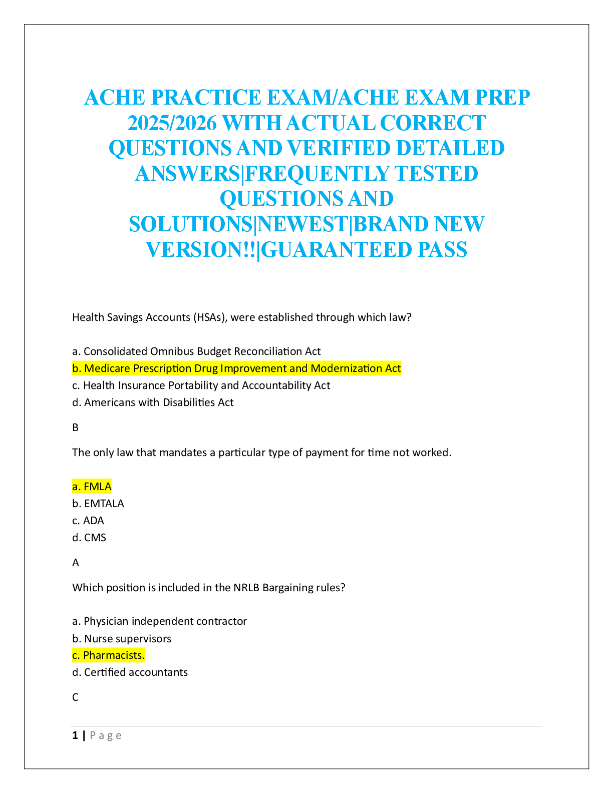 ACHE PRACTICE EXAM/ACHE EXAM PREP    