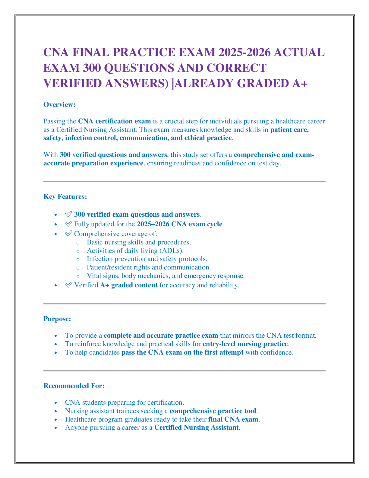 CNA FINAL PRACTICE EXAM 2025-2026 ACTUAL  EXAM 300 QUESTIONS AND CORRECT  VERIFIED ANSWERS) |ALREADY GRADED A+