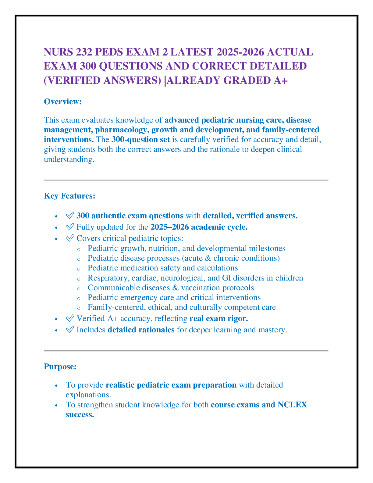 NURS 232 PEDS EXAM 2 LATEST 2025-2026 ACTUAL  EXAM 300 QUESTIONS AND CORRECT DETAILED  (VERIFIED ANSWERS) |ALREADY GRADED A+