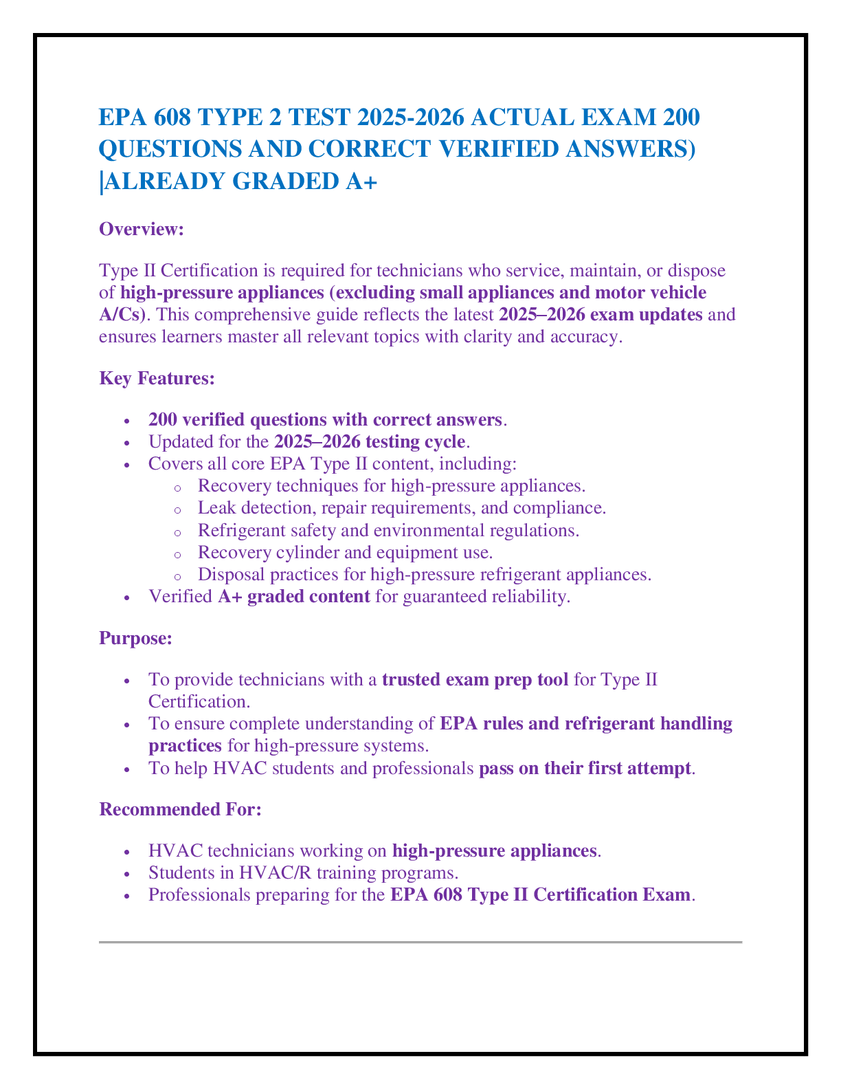 Preview of EPA 608 TYPE 2 TEST 2025-2026 ACTUAL EXAM 200  QUESTIONS AND CORRECT VERIFIED ANSWERS) |AL