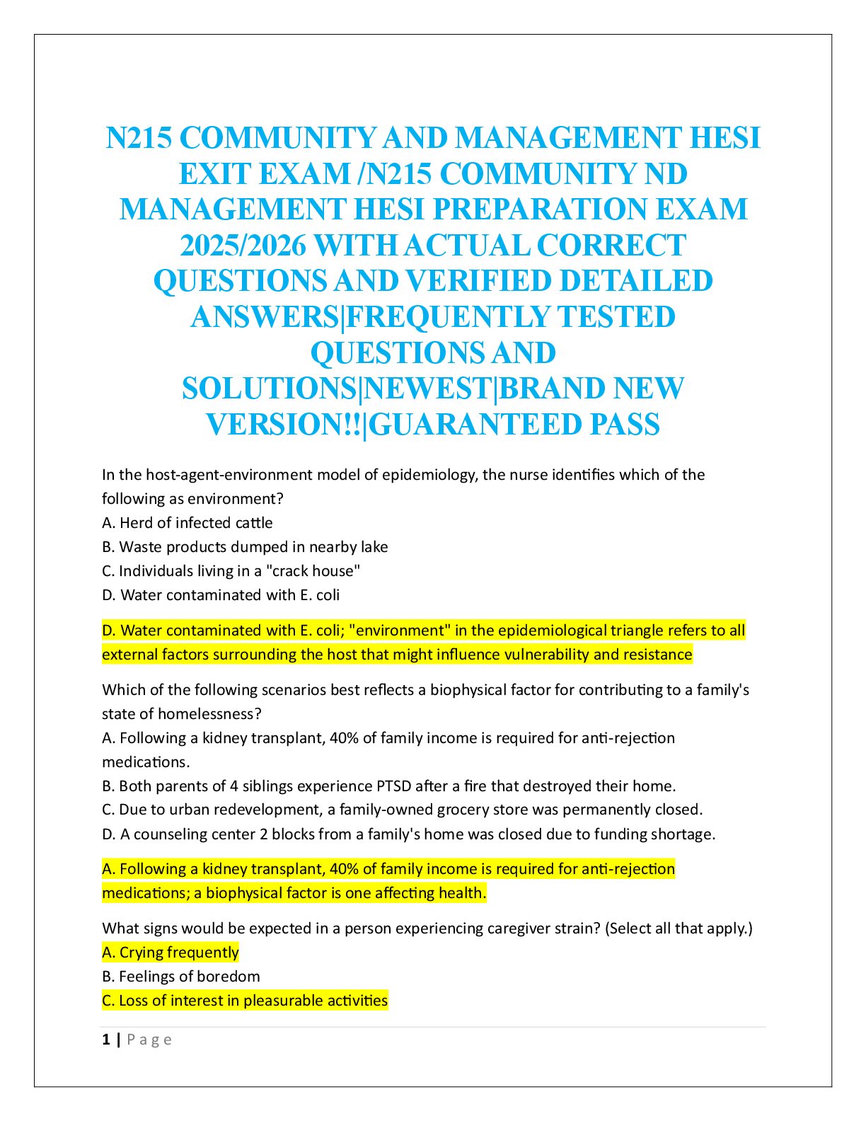 N215 COMMUNITY AND MANAGEMENT HESI  EXIT EXAM