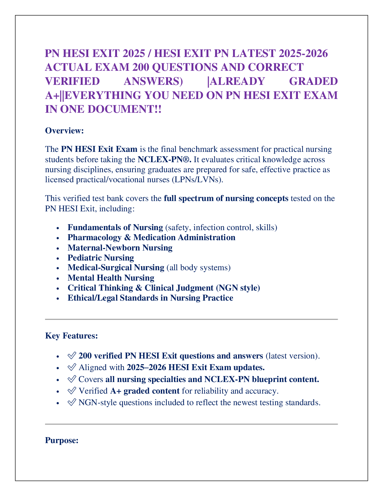 Preview of PN HESI EXIT 2025 / HESI EXIT PN LATEST 2025-2026  ACTUAL EXAM 200 QUESTIONS AND CORRECT