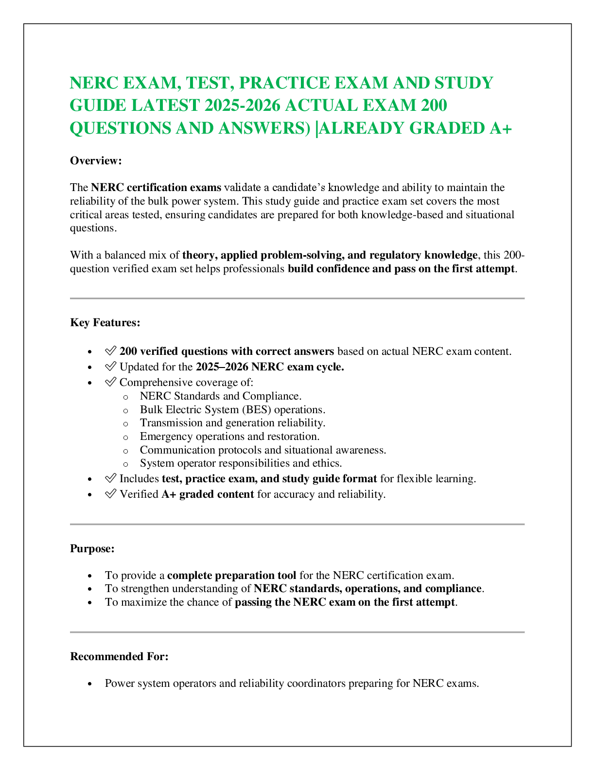 NERC EXAM, TEST, PRACTICE EXAM AND STUDY  GUIDE LATEST 2025-2026 ACTUAL EXAM 200  QUESTIONS AND ANSWERS) |ALREADY GRADED A+