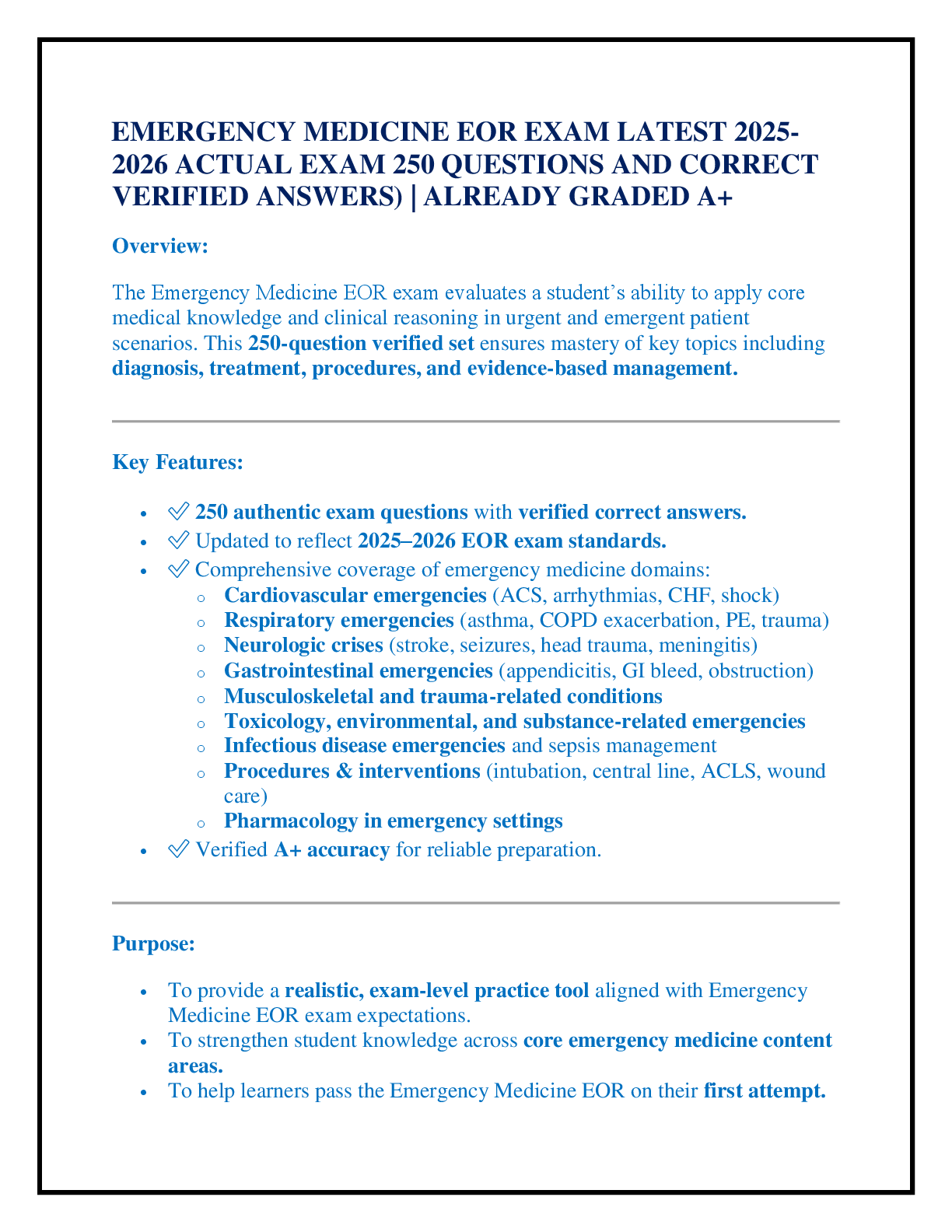 EMERGENCY MEDICINE EOR EXAM LATEST 2025-2026 ACTUAL EXAM 250 QUESTIONS AND CORRECT VERIFIED ANSWERS) | ALREADY GRADED A+