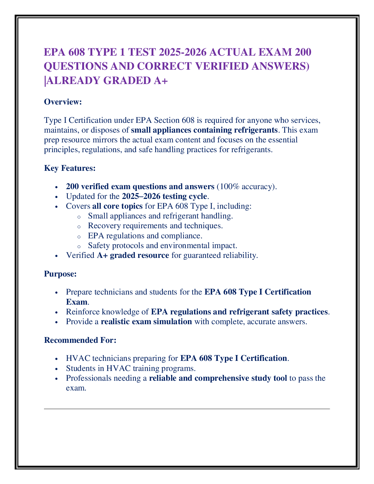 Preview of EPA 608 TYPE 1 TEST 2025-2026 ACTUAL EXAM 200  QUESTIONS AND CORRECT VERIFIED ANSWERS) |AL