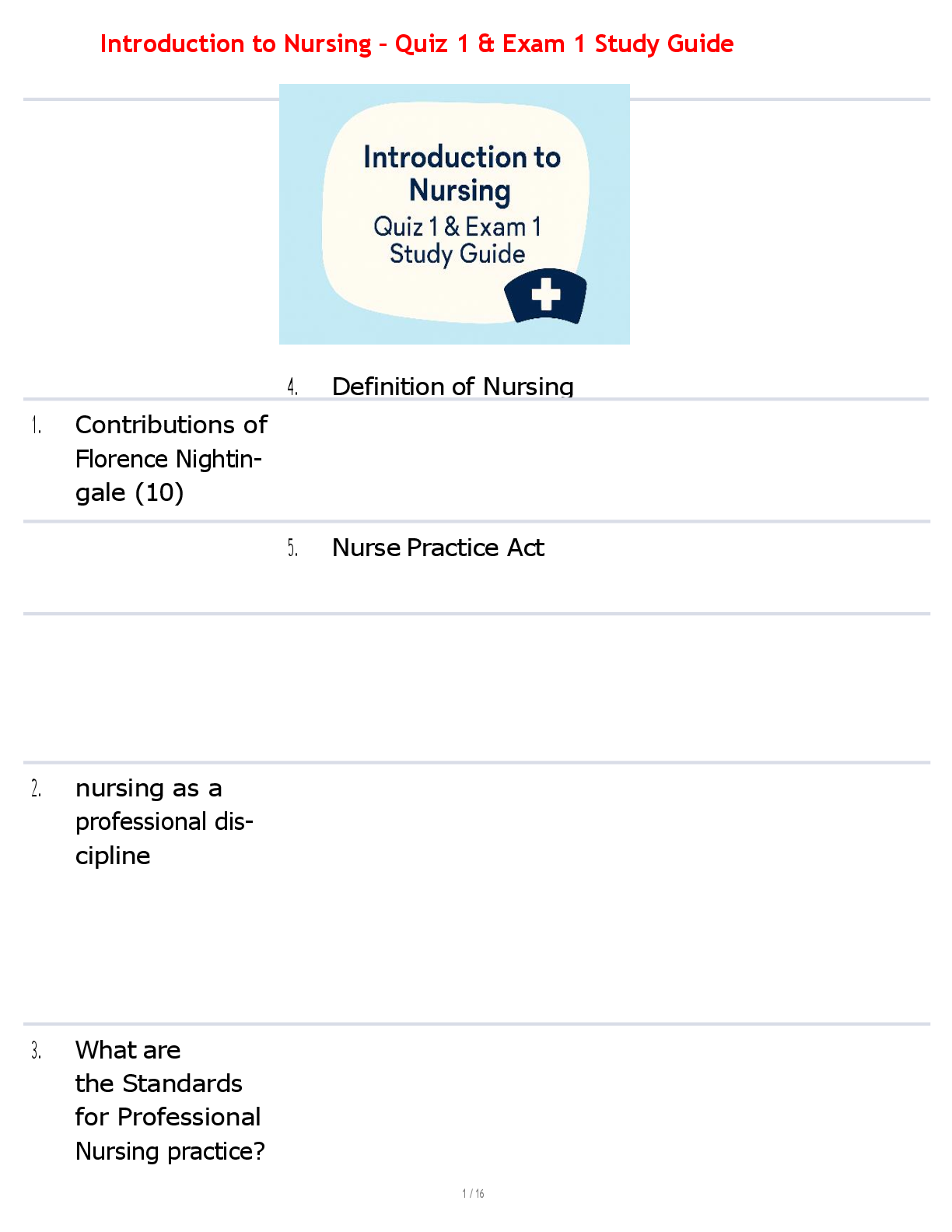 Preview image for Introduction to Nursing – Quiz 1 & Exam 1 Study Guide