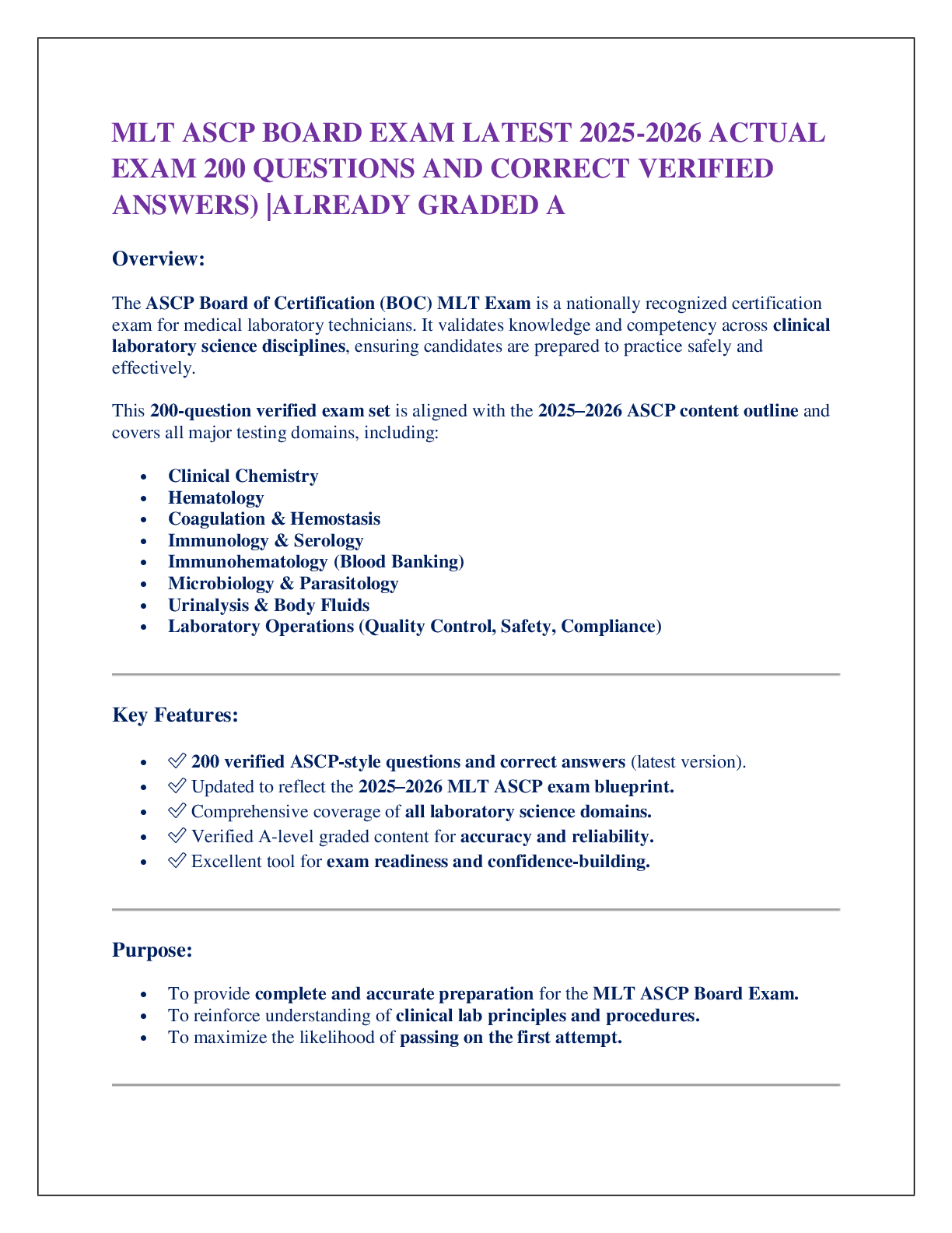 MLT ASCP BOARD EXAM LATEST 2025-2026 ACTUAL  EXAM 200 QUESTIONS AND CORRECT VERIFIED ANSWERS) |ALREADY GRADED A