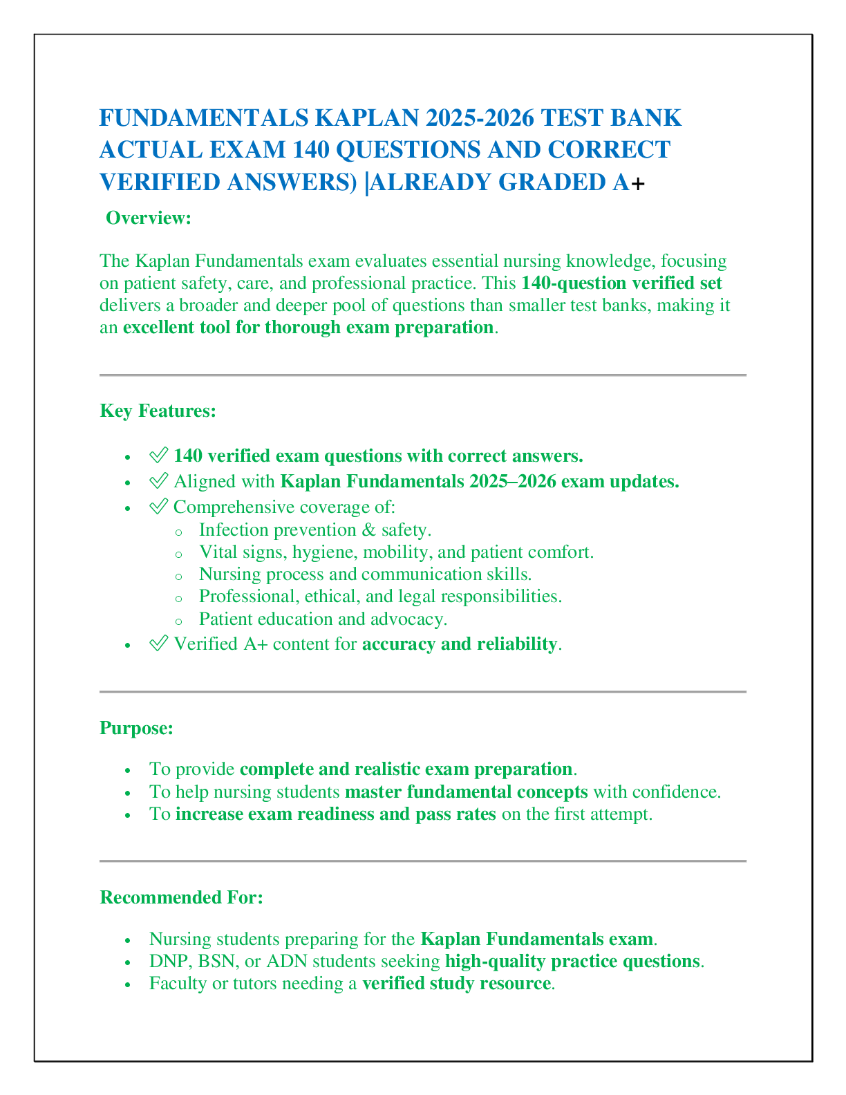 FUNDAMENTALS KAPLAN 2025-2026 TEST BANK  ACTUAL EXAM 140 QUESTIONS AND CORRECT  VERIFIED ANSWERS) |ALREADY GRADED A+