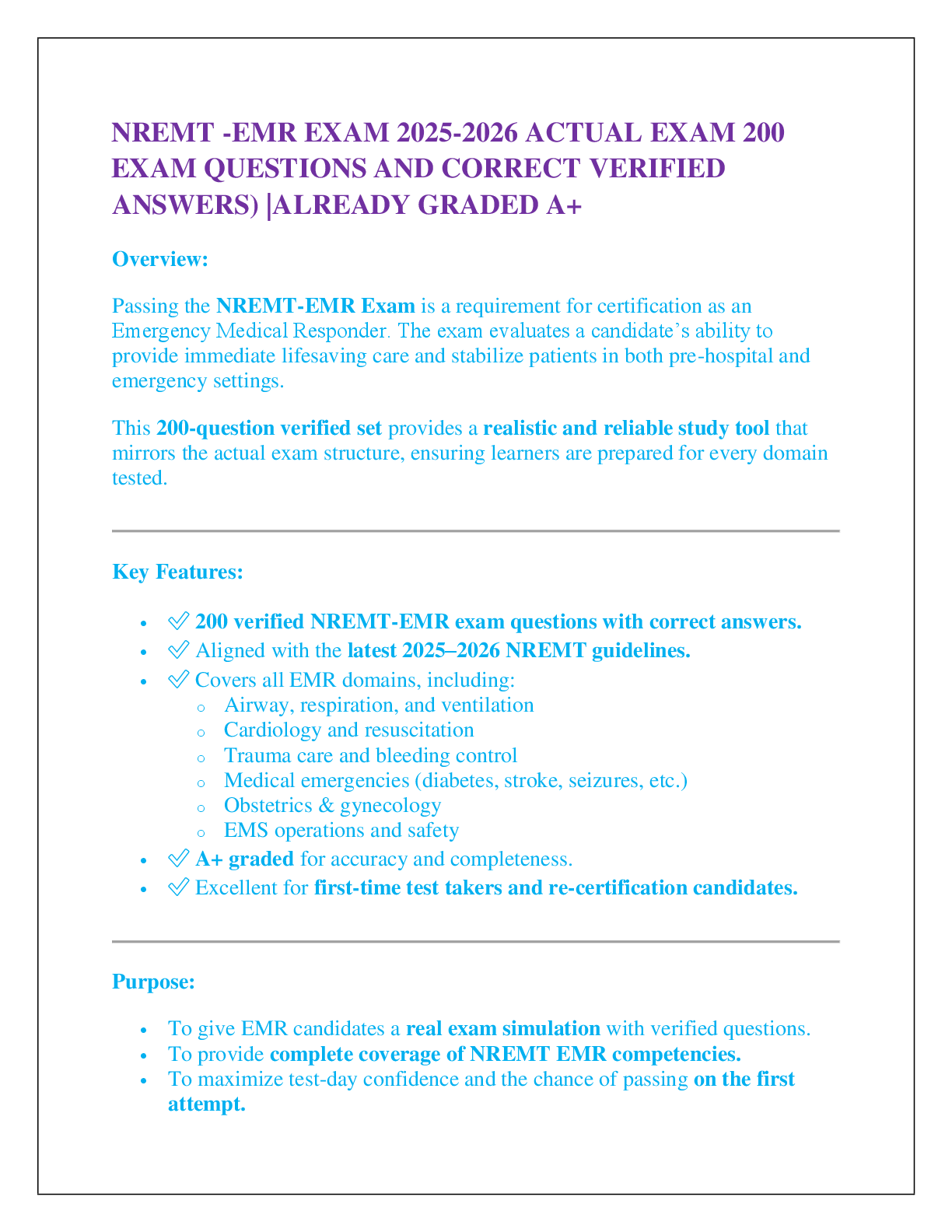 NREMT -EMR EXAM 2025-2026 ACTUAL EXAM 200  EXAM QUESTIONS AND CORRECT VERIFIED ANSWERS) |ALREADY GRADED A+