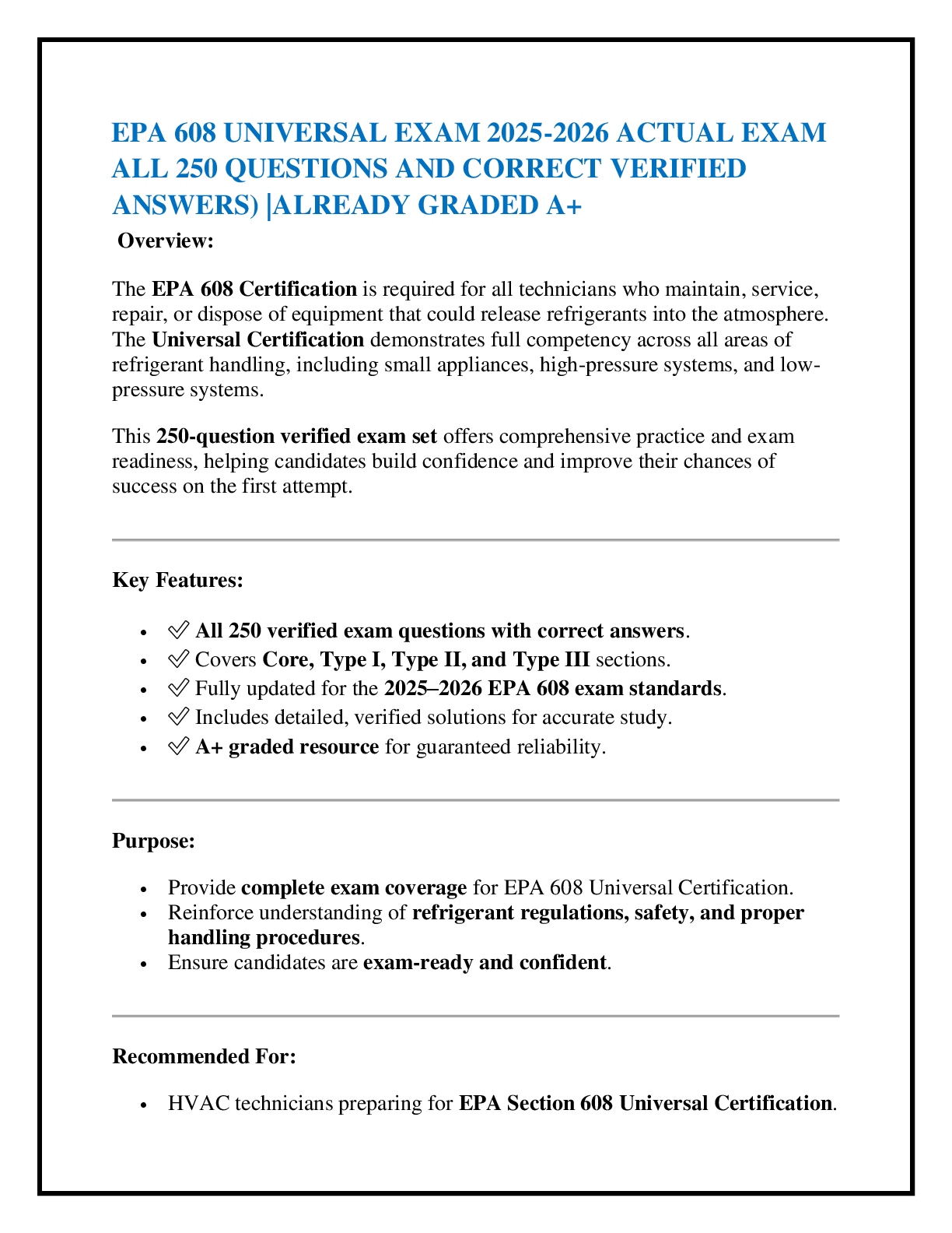 Preview of EPA 608 UNIVERSAL EXAM 2025-2026 ACTUAL EXAM  ALL 250 QUESTIONS AND CORRECT VERIFIED ANSWE