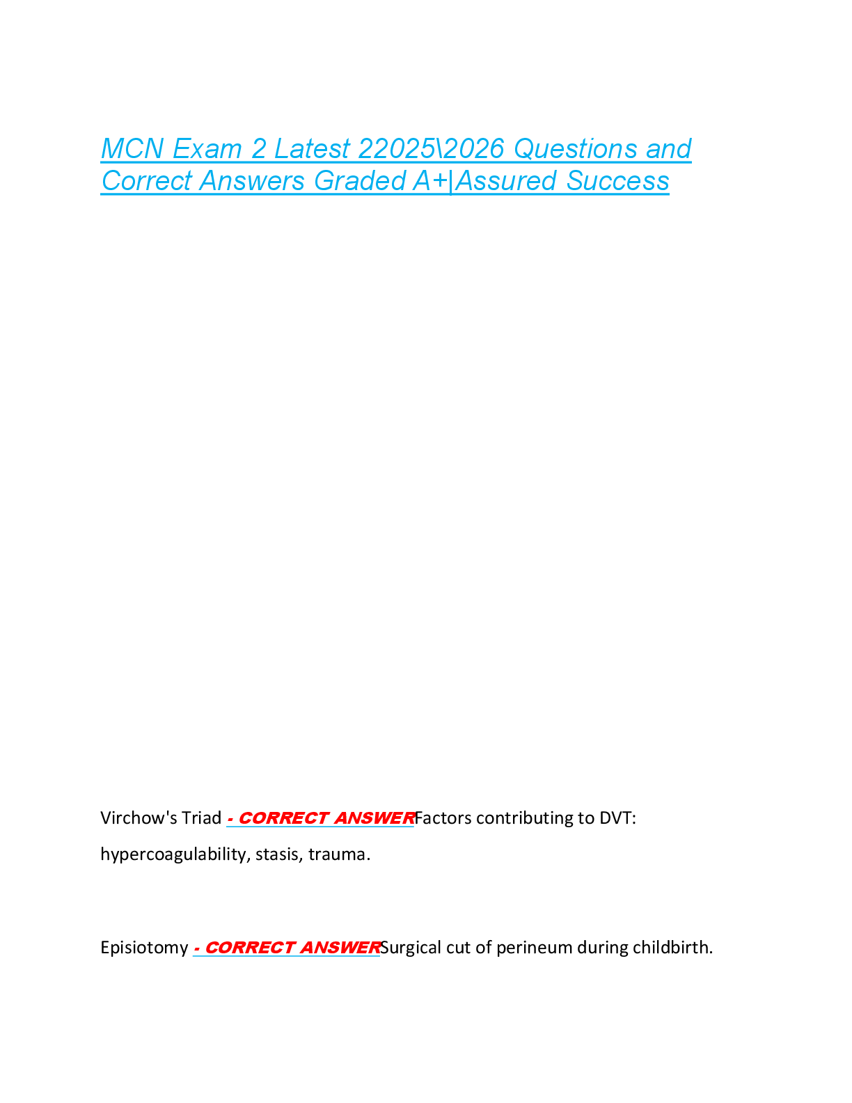 Preview image for MCN Exam 2 Latest 2025\2026 Questions and  Correct Answers Graded A+|Assured Success