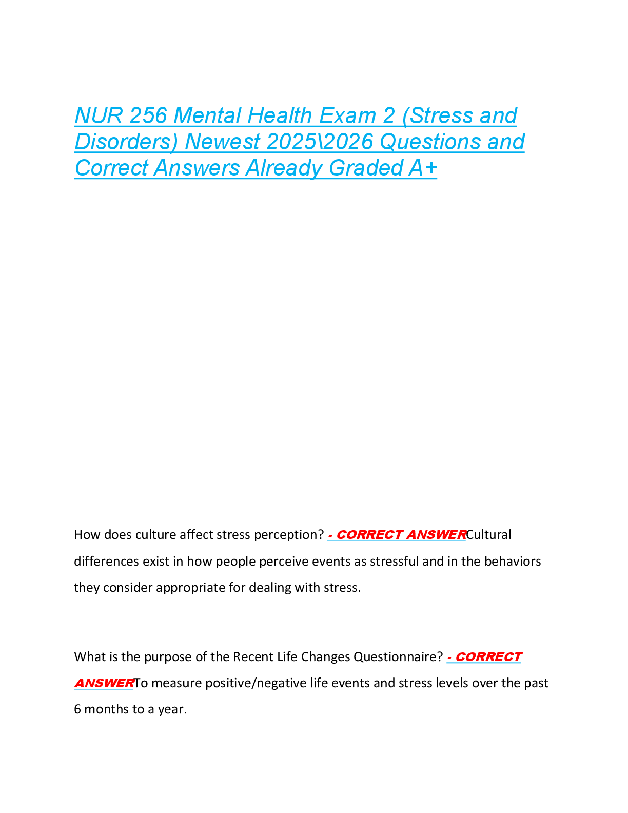 NUR 256 Mental Health Exam 2 (Stress and  Disorders) Newest 2025\2026 Questions and  Correct Answers Already Graded A+
