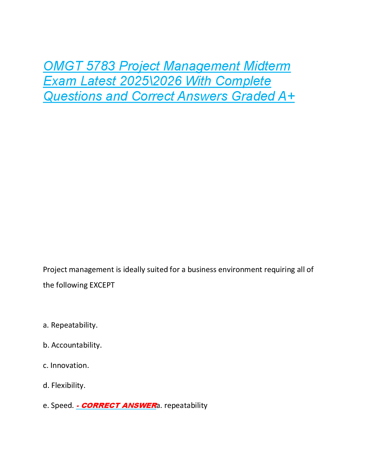 OMGT 5783 Project Management Midterm  Exam Latest 2025\2026 With Complete  Questions and Correct Answers Graded A+