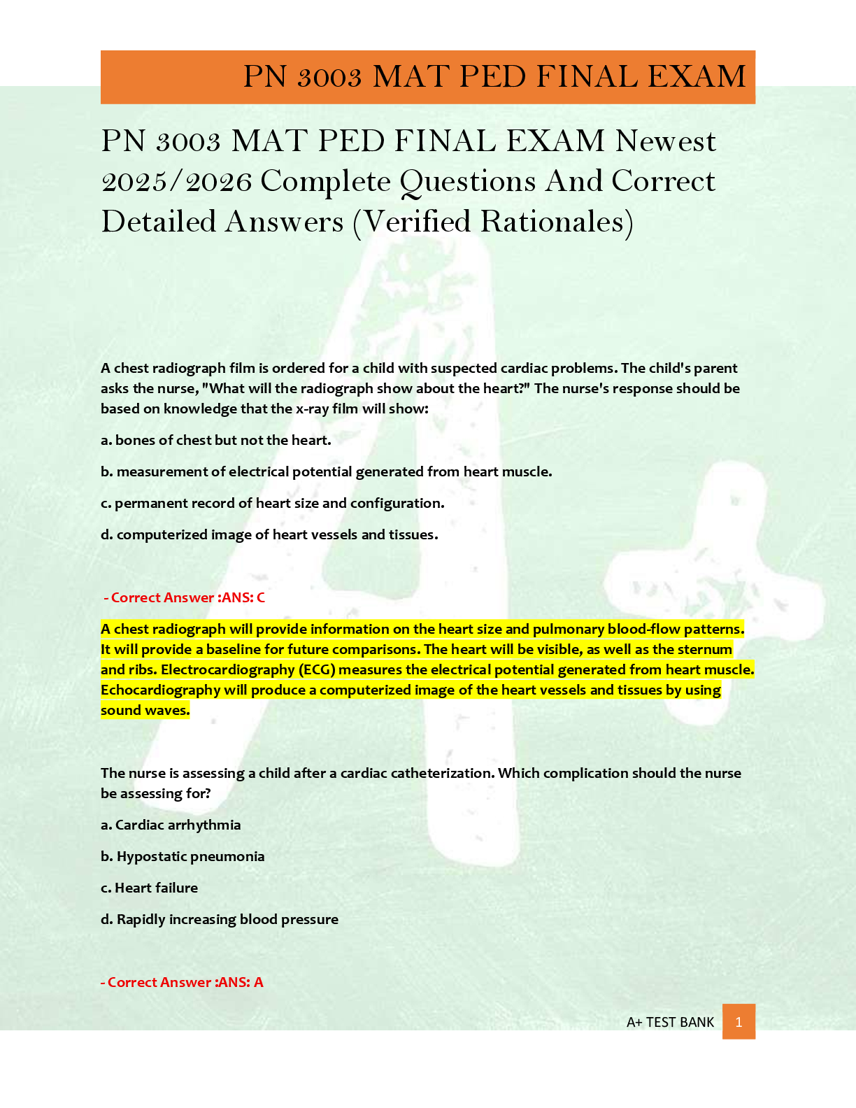 Preview of PN 3003 MAT PED FINAL EXAM Newest  2025/2026 Complete Questions And Correct  Detailed Answers (Verified Rationales)