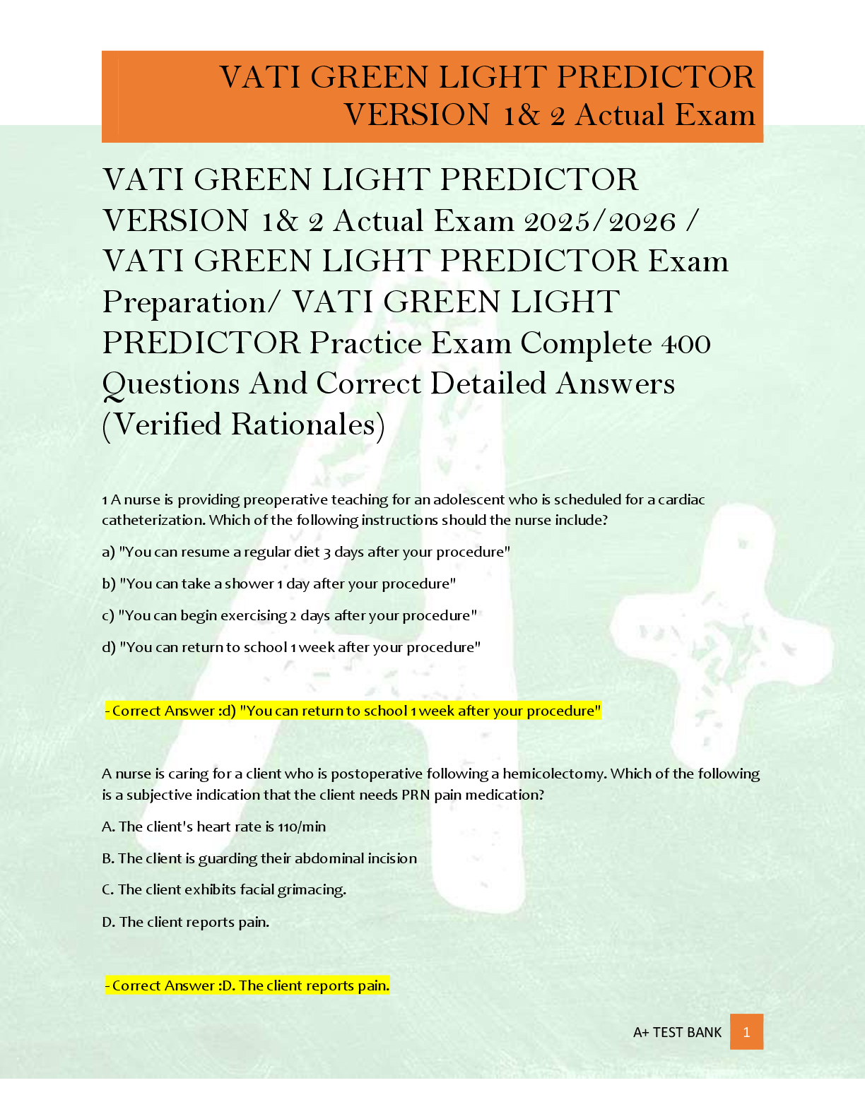 Preview of VATI GREEN LIGHT PREDICTOR  VERSION 1&amp; 2 Actual Exam 2025/2026 /  VATI GREEN LIGHT PREDICTOR Exam  Preparation/ VATI GREEN LIGHT  PREDICTOR Practice Exam Complete 400  Questions And Correct Detailed Answers  (Verified Rationales)