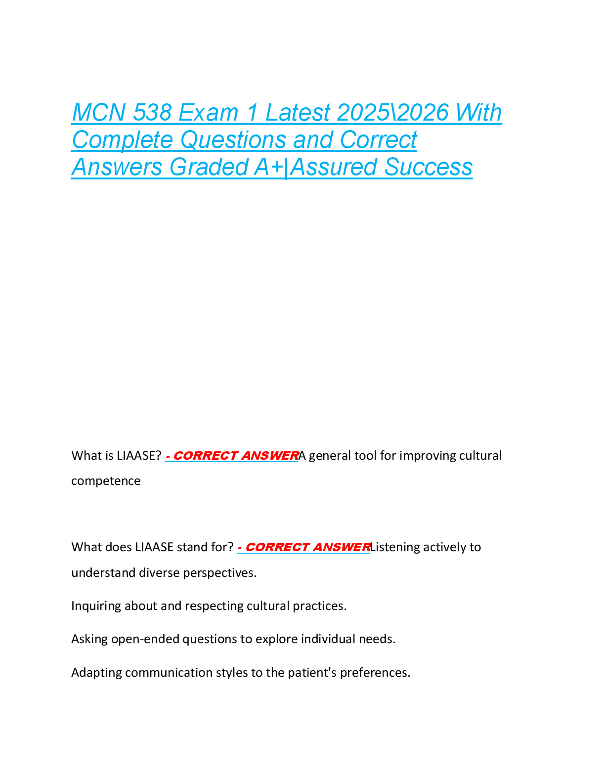 MCN 538 Exam 1 Latest 2025\2026 With  Complete Questions and Correct  Answers Graded A+|Assured Success
