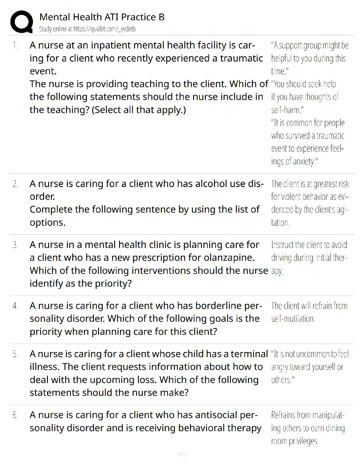 Preview of Mental Health ATI Practice B / 2025 Updated / Psychiatric Nursing Questions & Rationales