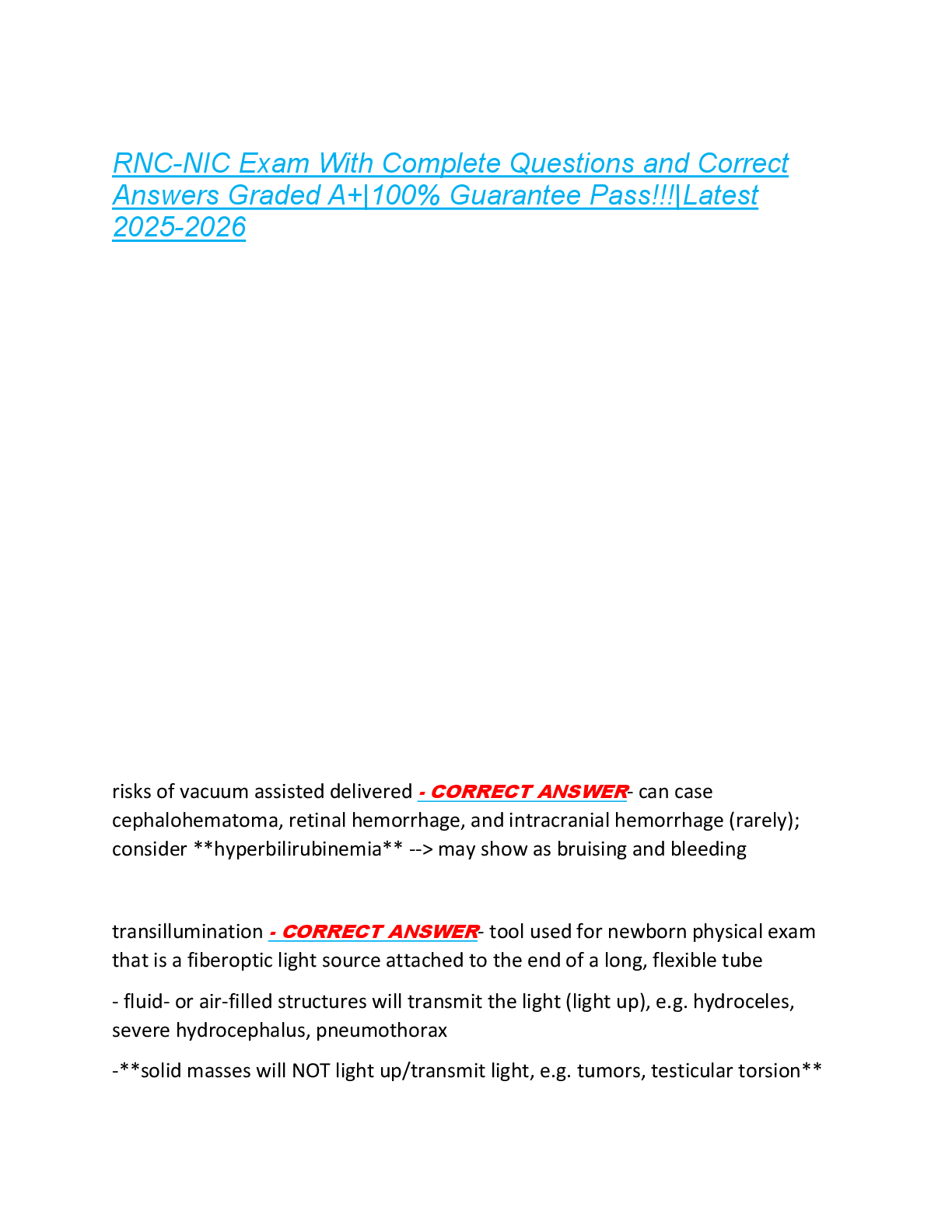 RNC-NIC Exam With Complete Questions and Correct  Answers Graded A+|100% Guarantee Pass!!!|Latest  2025-2026