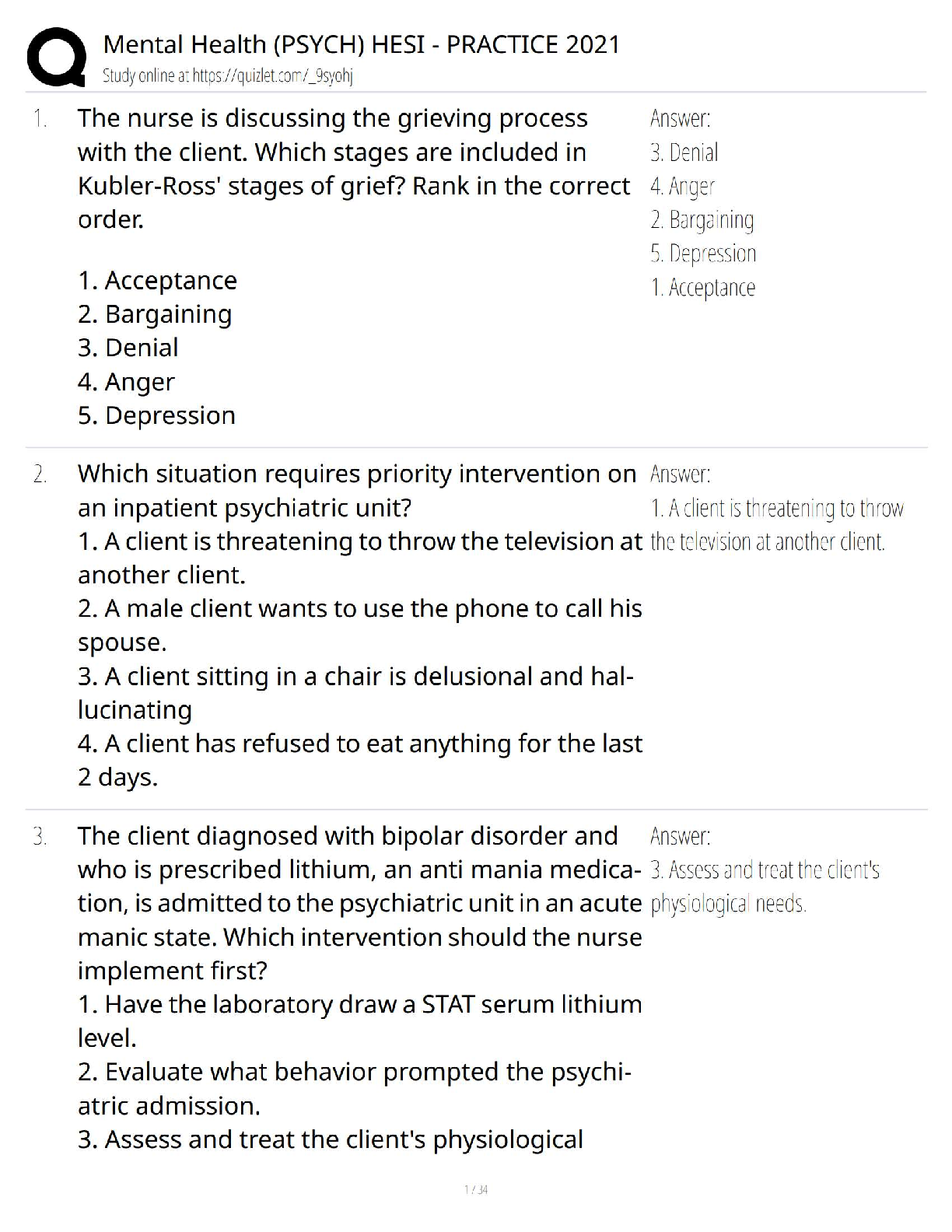 Preview of Mental Health (Psych) HESI Practice 2021 / NCLEX-Style Questions & Rationales