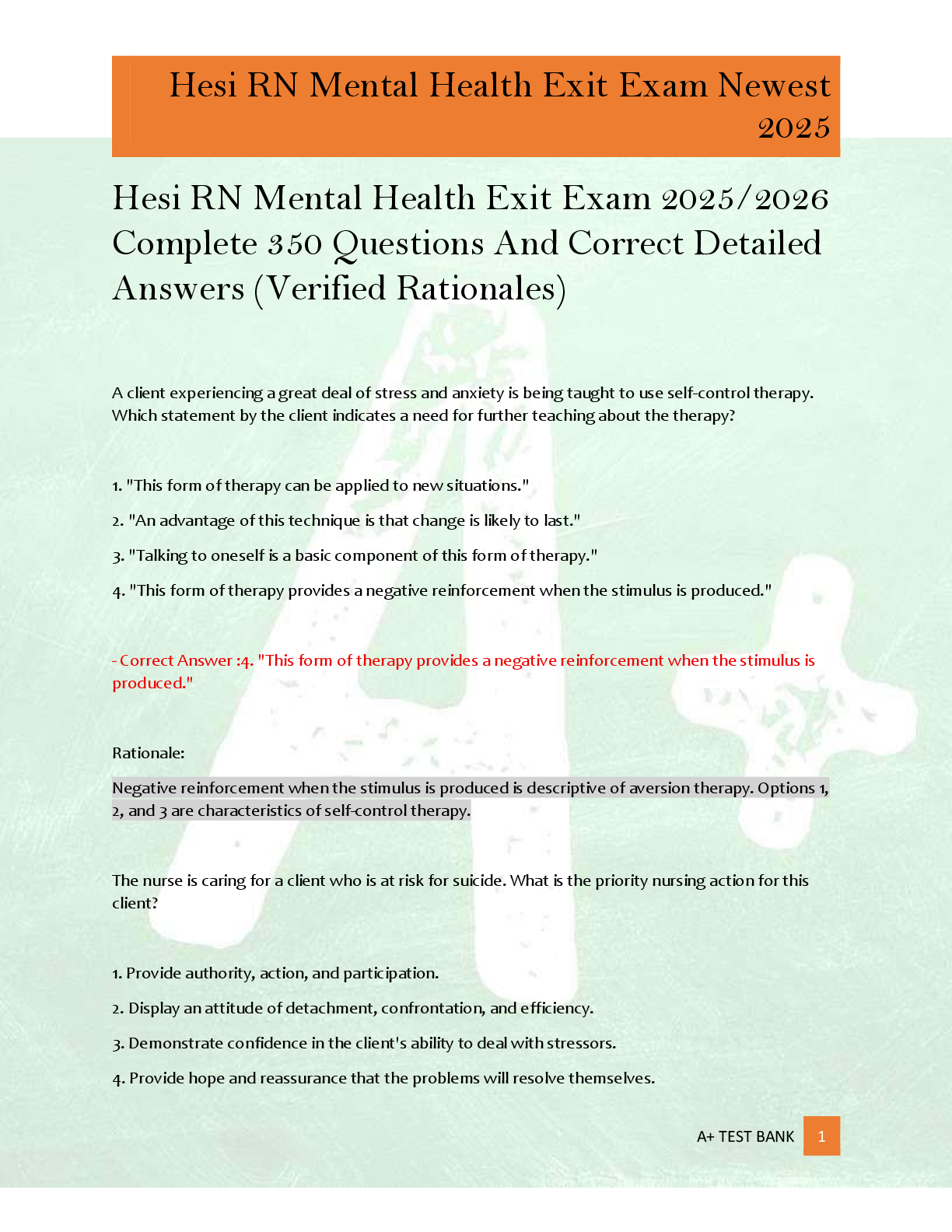 Recommended document preview for Hesi RN Mental Health Exit Exam 2025/2026  Complete 350 Questions And Correct Detailed  Answers (Verified Rationales)