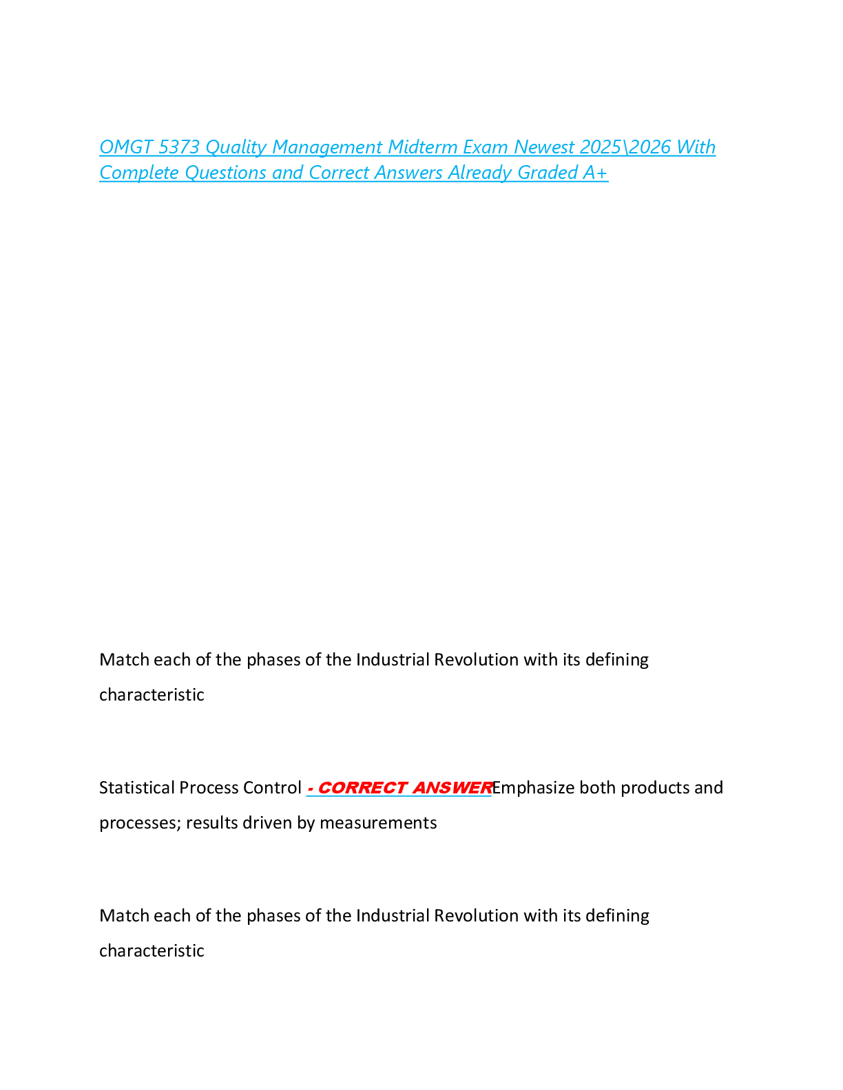 Preview image for OMGT 5373 Quality Management Midterm Exam Newest 2025\2026 With  Complete Questions and Correct Answers Already Graded A+