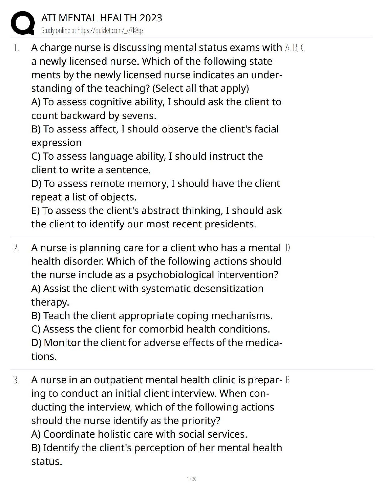 Recommended document preview for ATI Mental Health 2023 / Psychiatric Nursing Practice Questions & Rationales