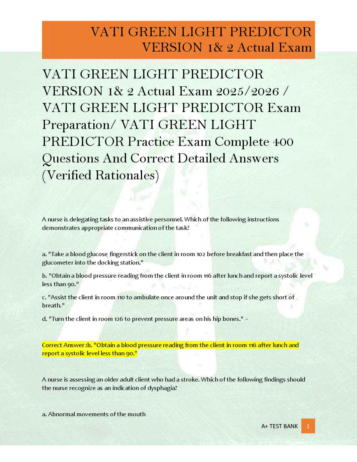 Preview of VATI GREEN LIGHT PREDICTOR  VERSION 1& 2 Actual Exam 2025/2026 /  VATI GREEN LIGHT PREDICT