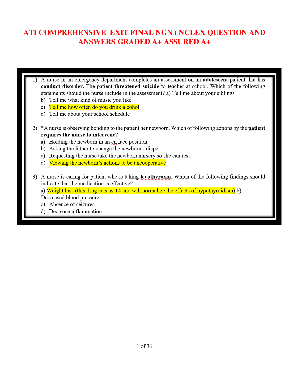 Preview image for 1 of 36       ATI COMPREHENSIVE  EXIT FINAL NGN ( NCLEX QUESTION AND  ANSWERS GRADED A+ ASSURED A+