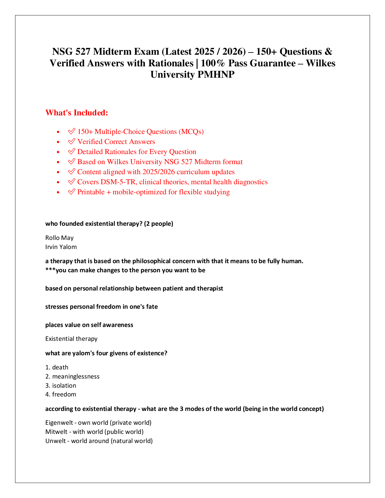 Preview image for NSG 527 Midterm Exam (Latest 2025 / 2026) – 150+ Questions &  Verified Answers with Rationales | 100% Pass Guarantee – Wilkes  University PMHNP