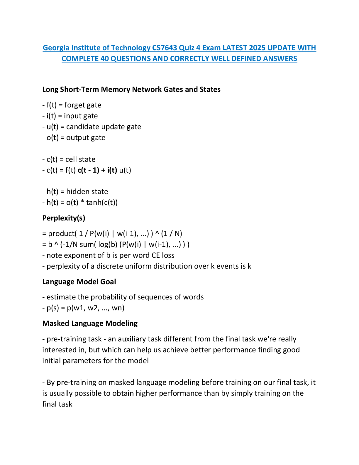 Preview image for Georgia Institute of Technology CS7643 Quiz 4 Exam LATEST 2025 UPDATE WITH  COMPLETE 40 QUESTIONS AND CORRECTLY WELL DEFINED ANSWERS