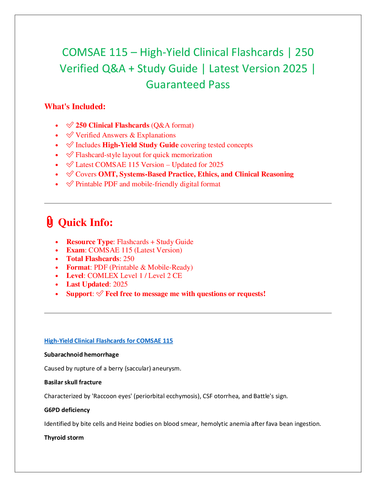 Preview image for COMSAE 115 – High-Yield Clinical Flashcards | 250  Verified Q&A + Study Guide | Latest Version 2025 |  Guaranteed Pass