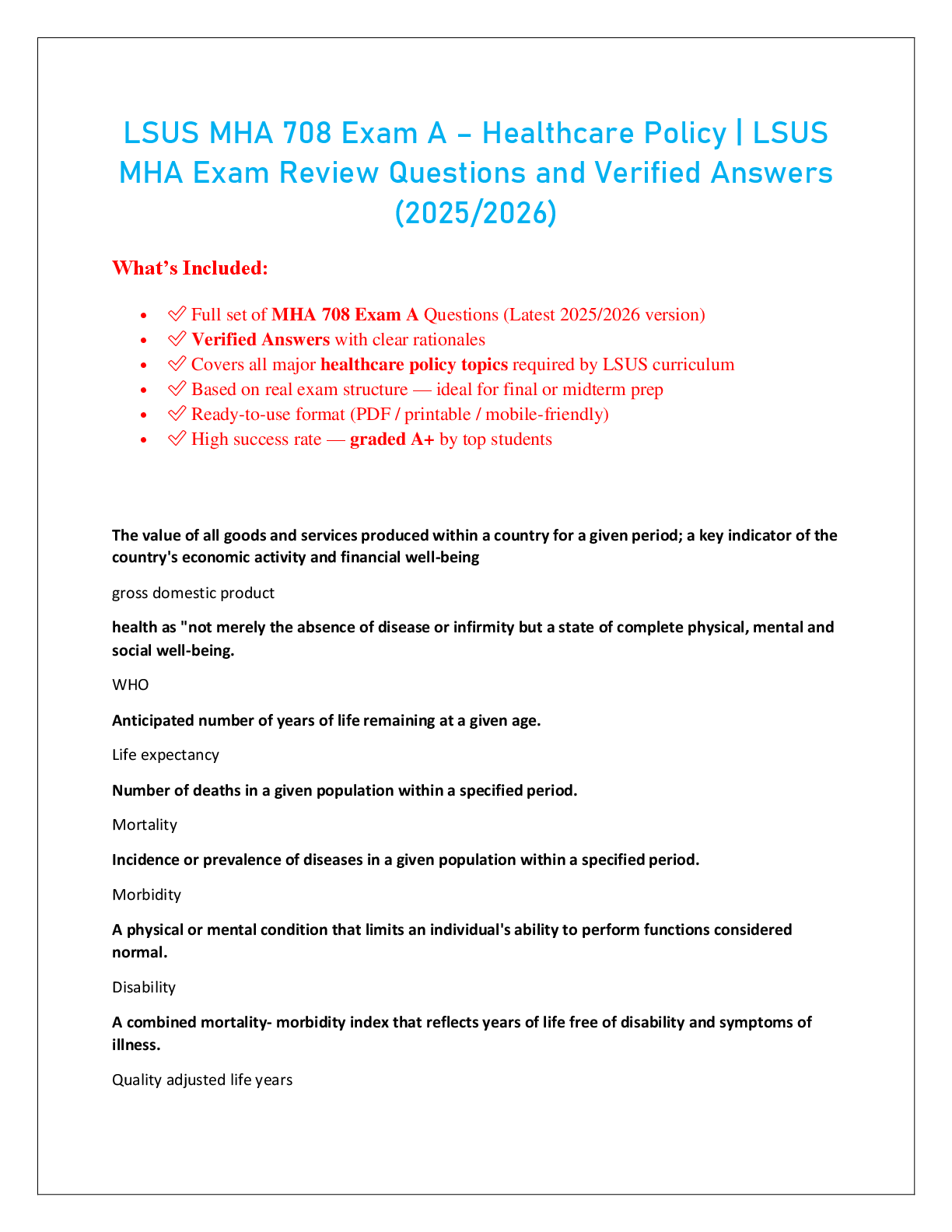 Preview image for LSUS MHA 708 Exam A – Healthcare Policy | LSUS  MHA Exam Review Questions and Verified Answers  (2025/2026)