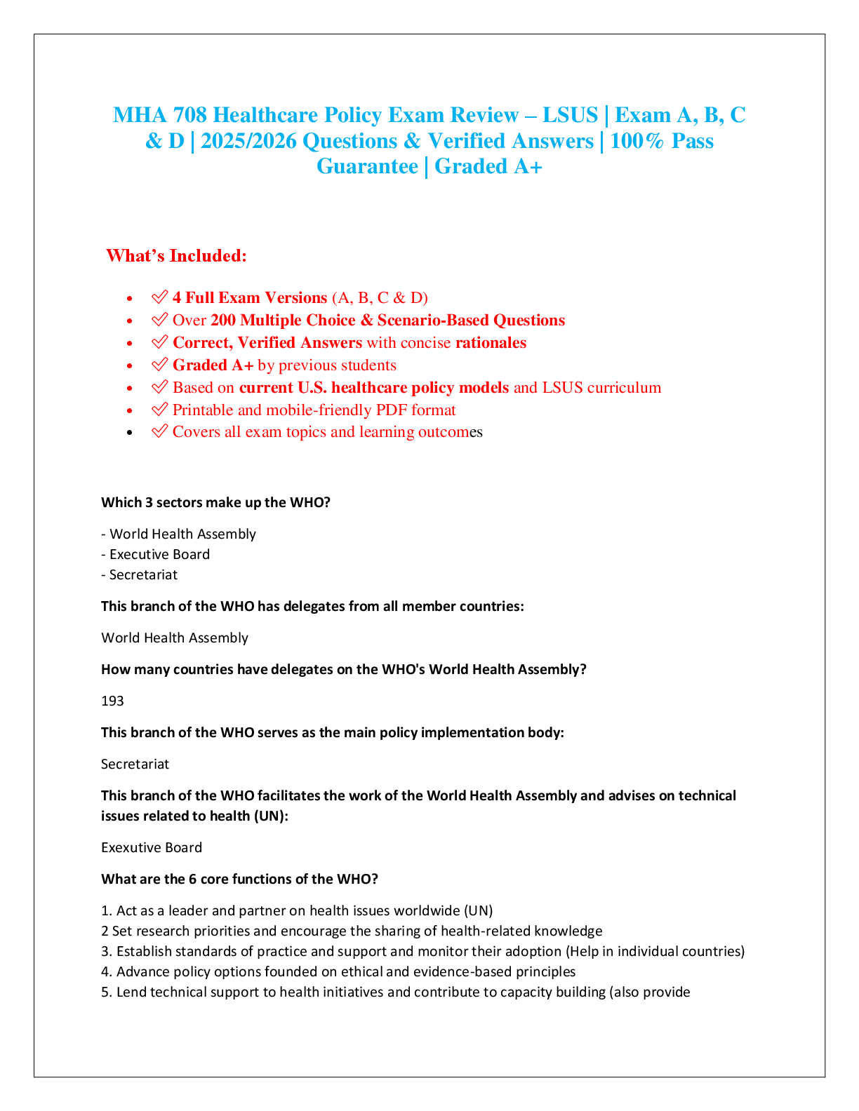 Preview image for MHA 708 Healthcare Policy Exam Review – LSUS | Exam A, B, C  & D | 2025/2026 Questions & Verified Answers | 100% Pass  Guarantee | Graded A+