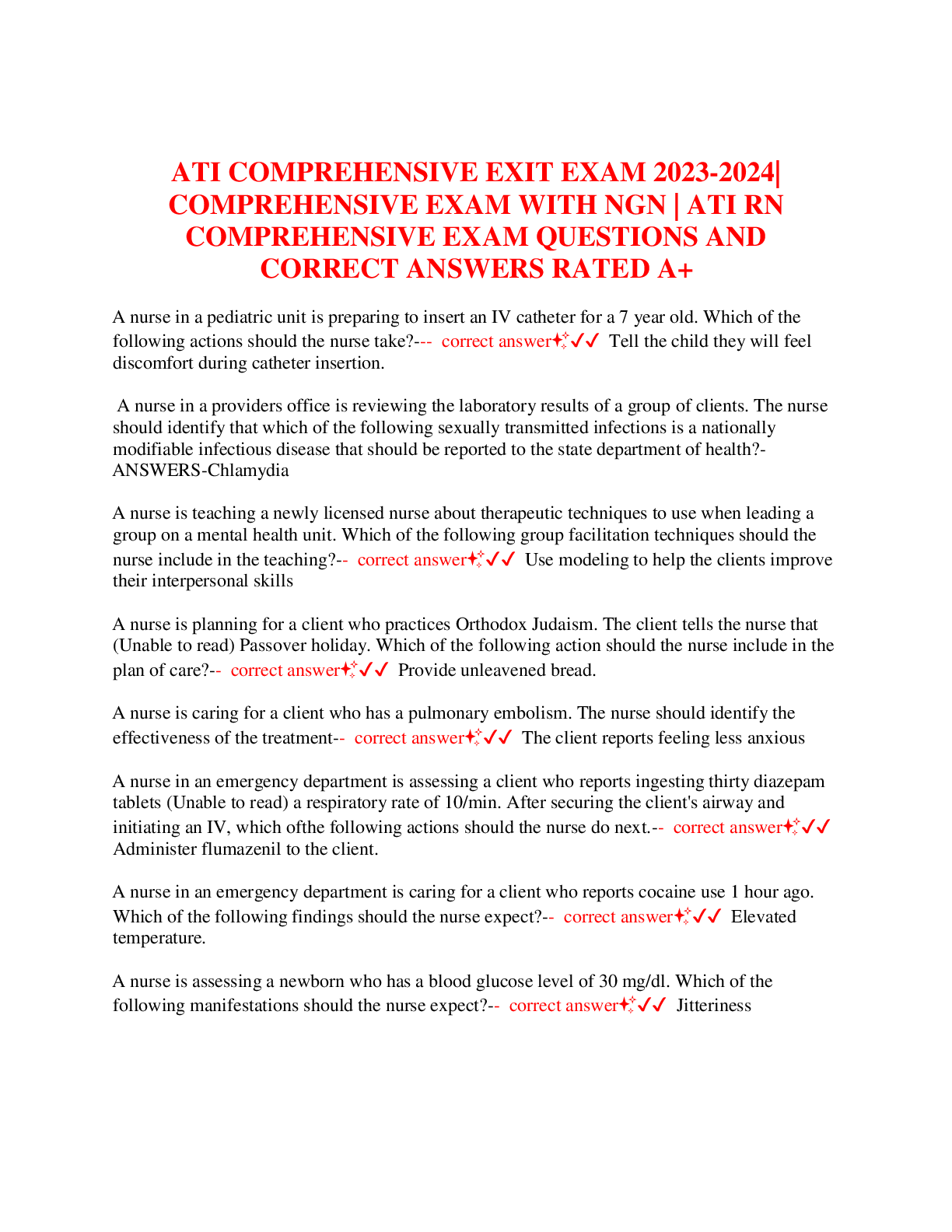 Preview image for ATI COMPREHENSIVE EXIT EXAM 2023-2024|  COMPREHENSIVE EXAM WITH NGN | ATI RN  COMPREHENSIVE EXAM QUESTIONS AND  CORRECT ANSWERS RATED A+