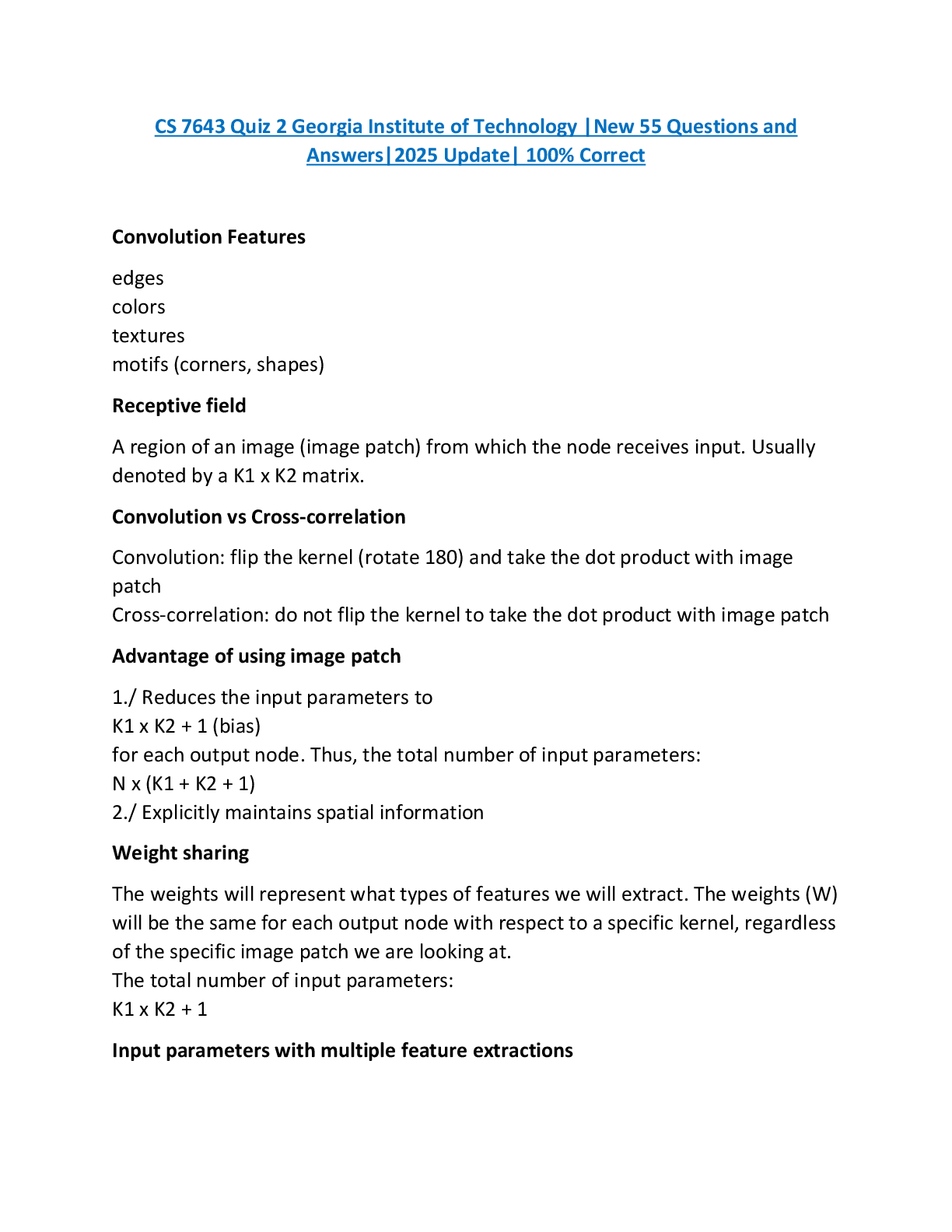 Preview image for CS 7643 Quiz 2 Georgia Institute of Technology |New 55 Questions and  Answers|2025 Update| 100% Correct
